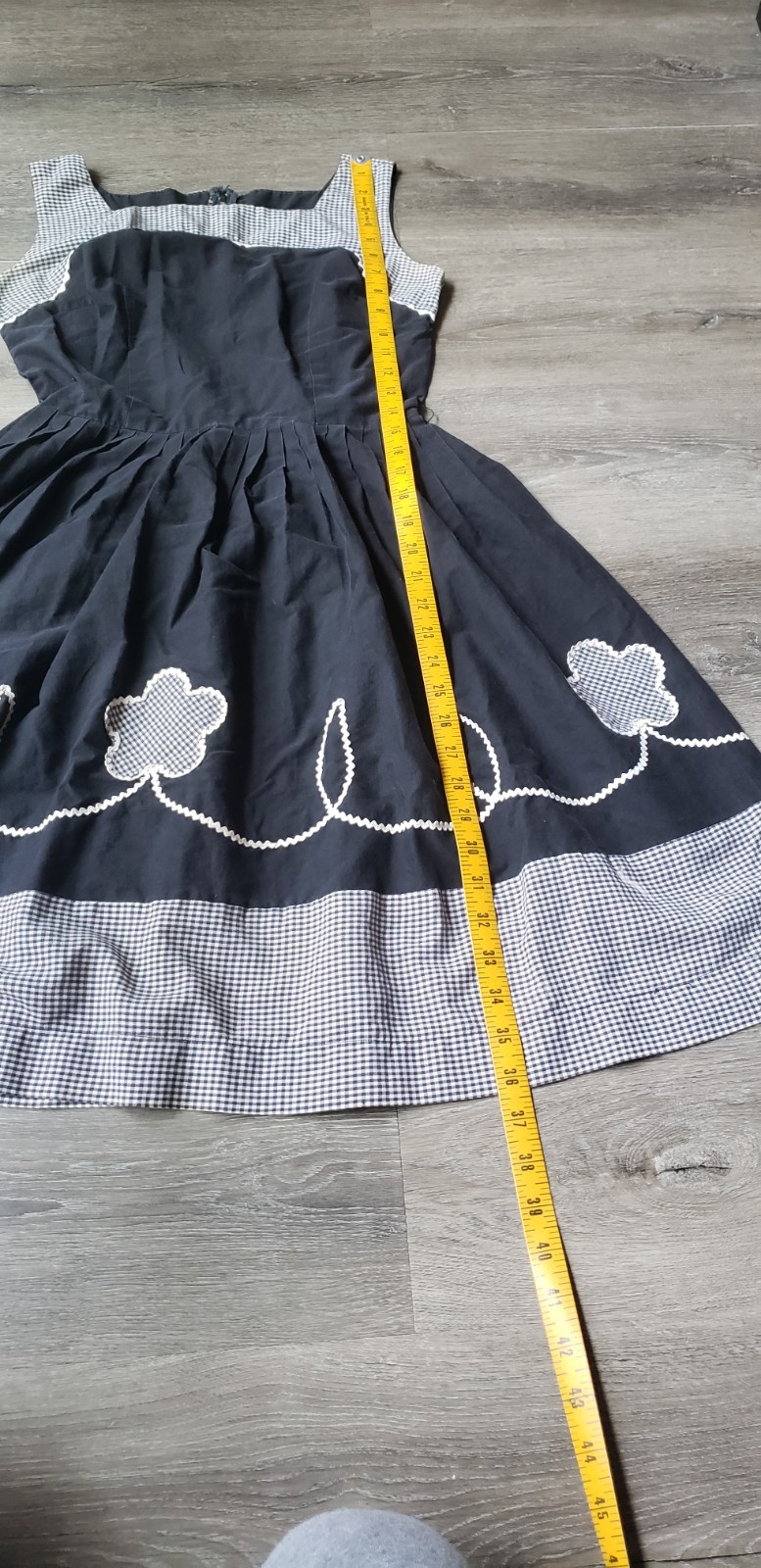 VTG 50s Black Gingham Rockabilly Dress Sz XS/S? Fit Flare Pinup Trad Wife DAMAGE