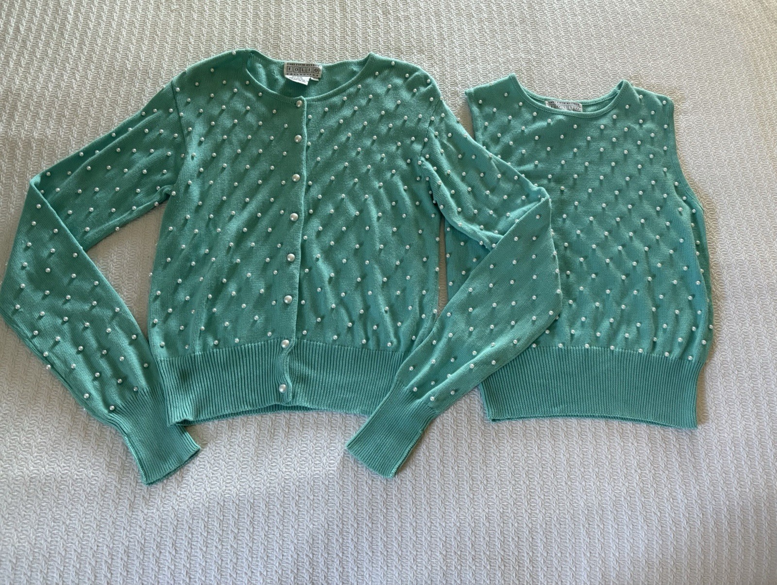 Vintage 90s Saks 5th Ave 2 Piece Pearl Encrusted Twin Set Knit Shell & Cardigan