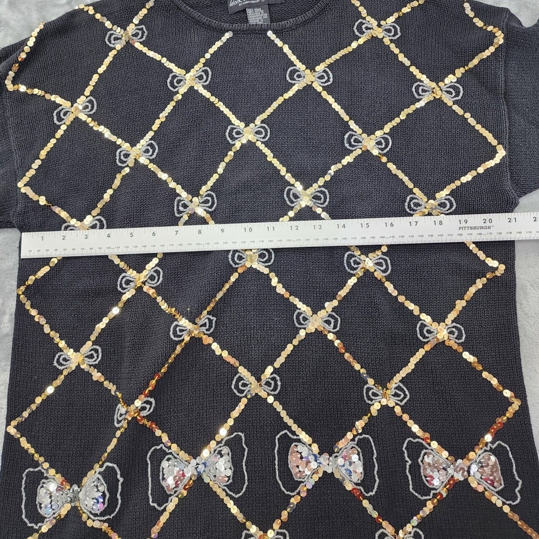 Vintage Work in Progress Sweater Womens L Black Gold Beaded Sequins Diamond Bows