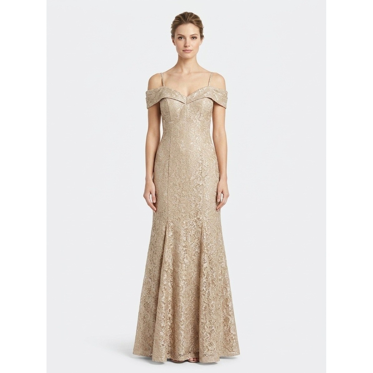 R&M Richards Gold Lace Off Shoulder Mermaid Gown Old Money Quiet Luxury Sz 8 NWT