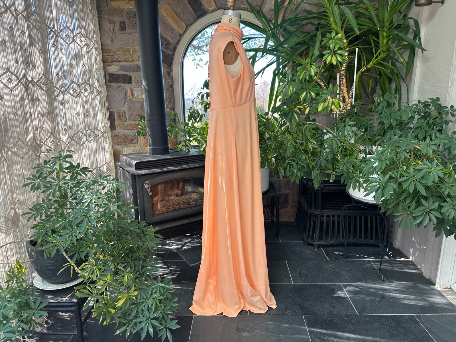 Vintage 1970s Peach Knit and Lace Formal Maxi Dress
