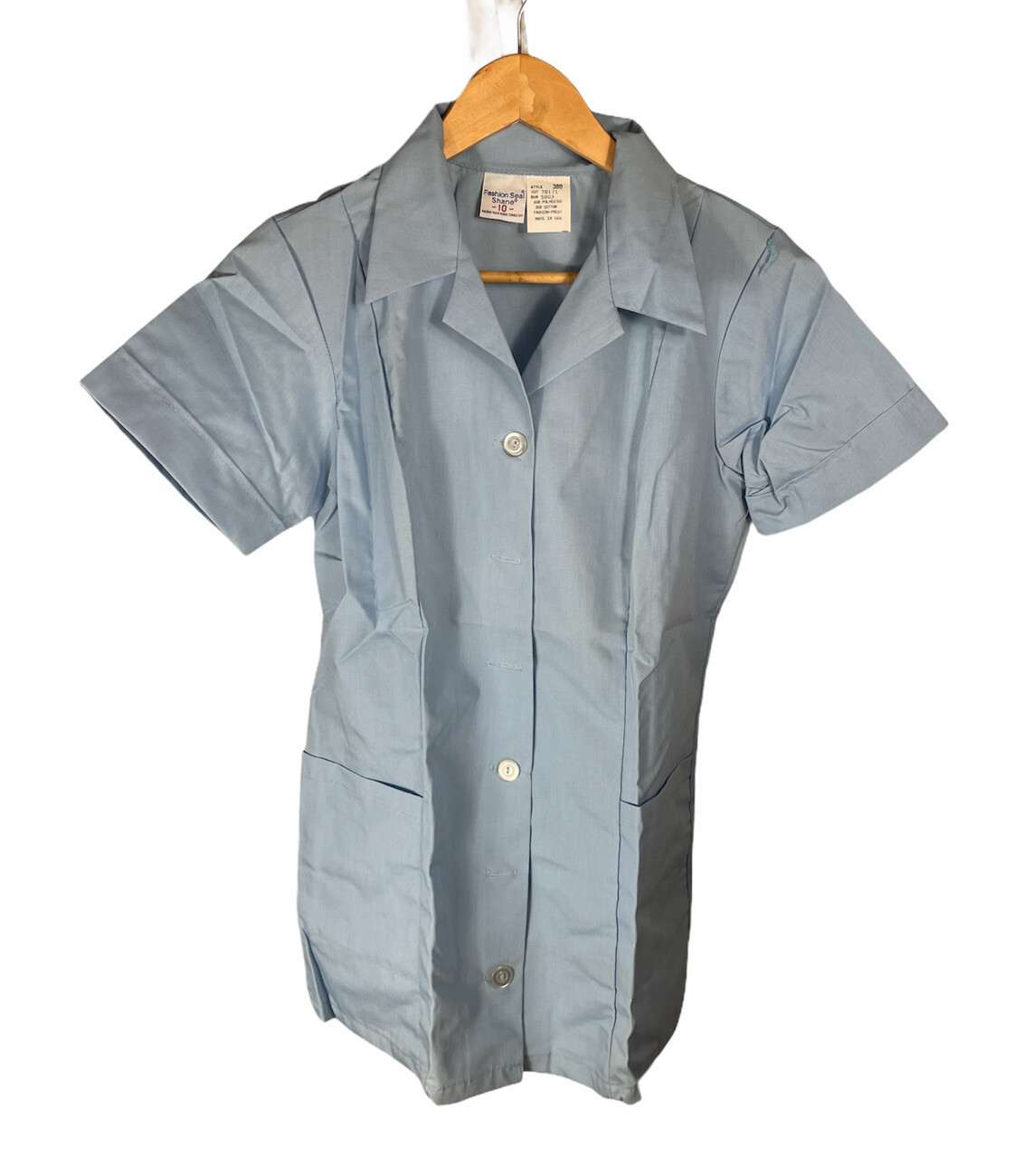 Vintage 70s Fashion Seal Shane Collared 2 Pocket Blue Nurse Scrub Shirt Size 10