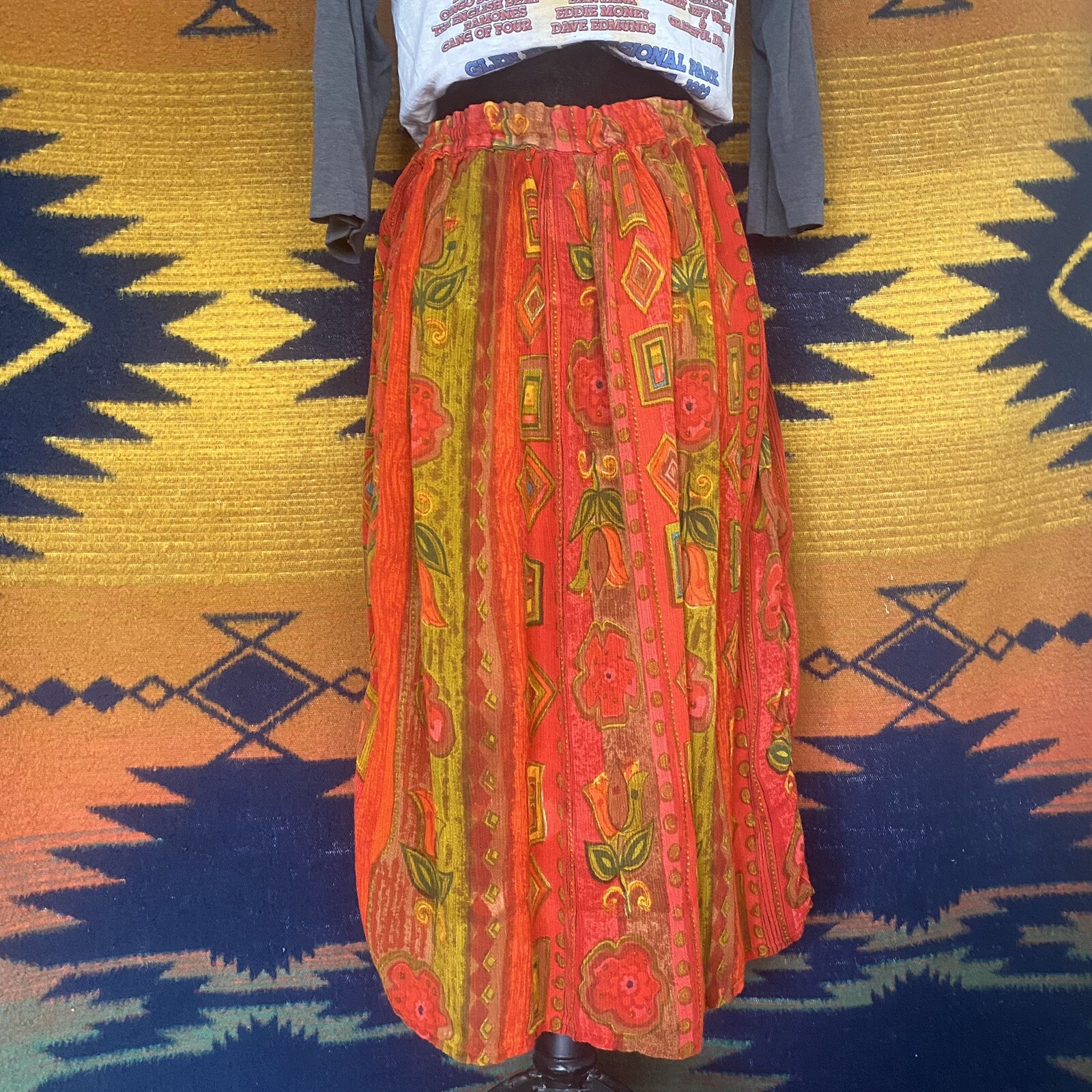 Vintage Zanana by Saraf Floral Maxi Rayon Skirt. OSFM. Tie Waist. India.