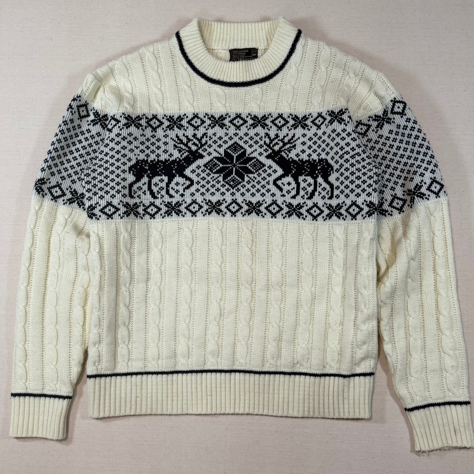 Vintage JCPenney Fair Isle Reindeer Cable Knit Sweater Cream Black Medium 90s