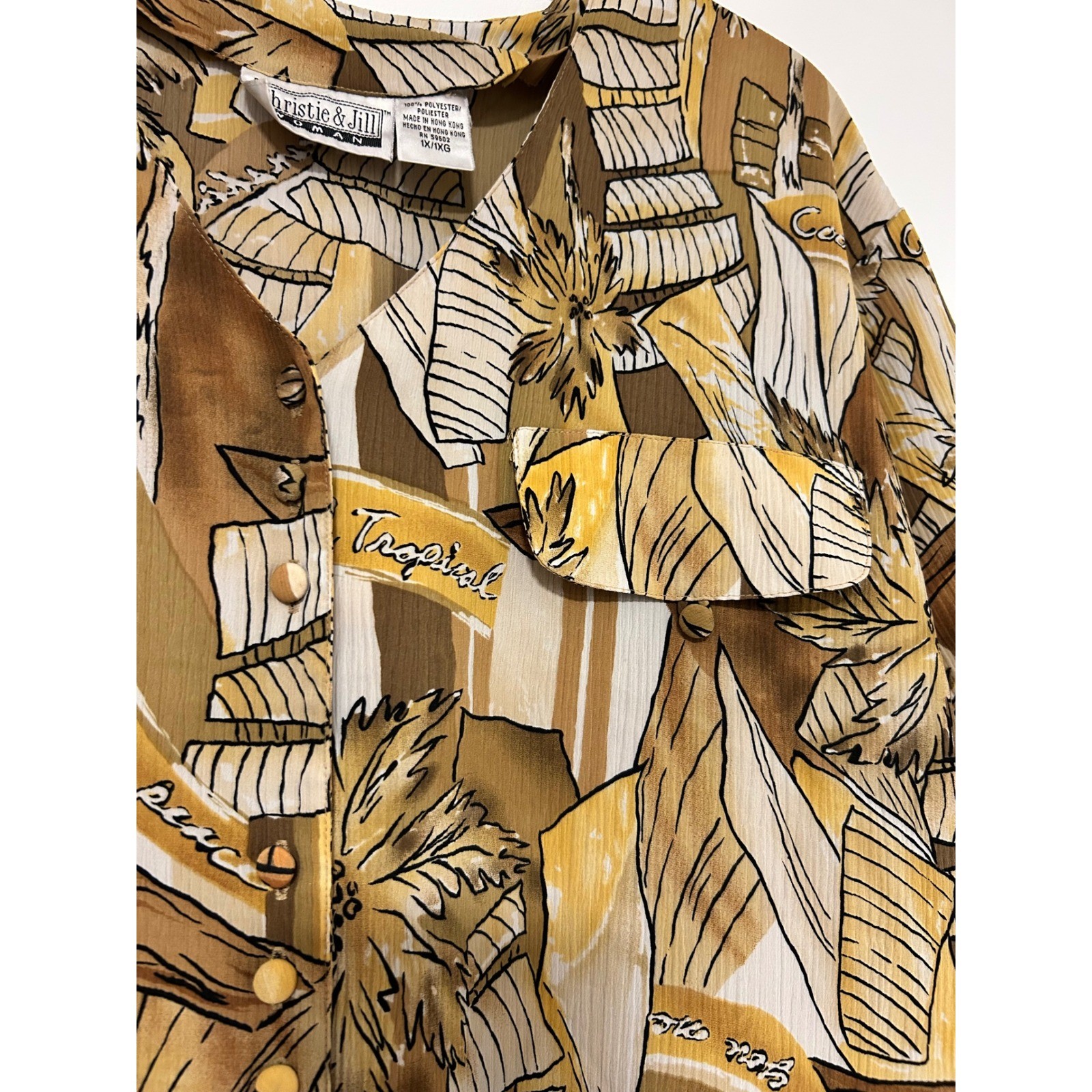 Christie & Jill Woman Vintage Tropical Button Down Blouse Mustard Brown 1X