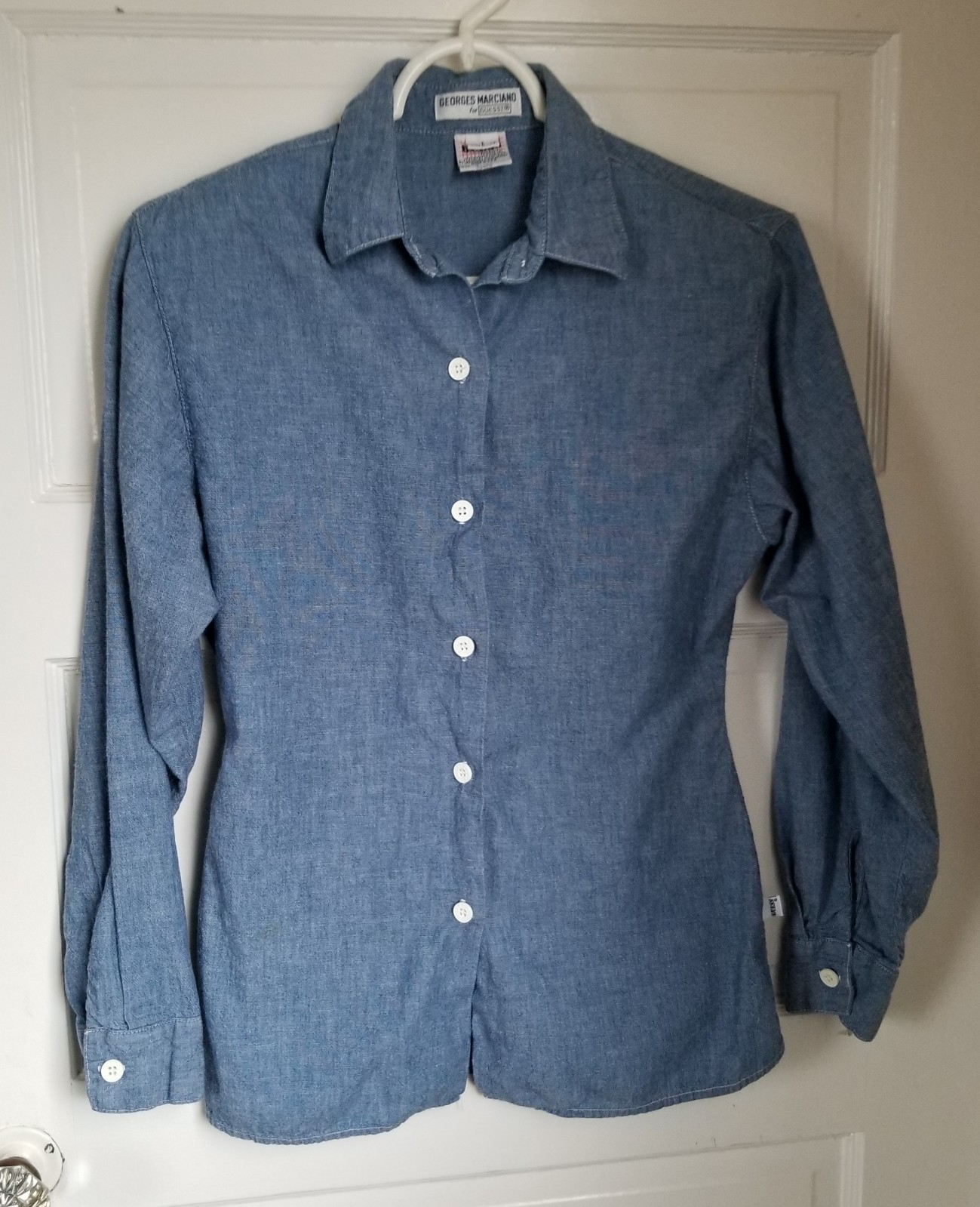 Vtg 1980s Georges Marchiano Guess Blue Chambray Logo Button Up Fitted Shirt Sz 1
