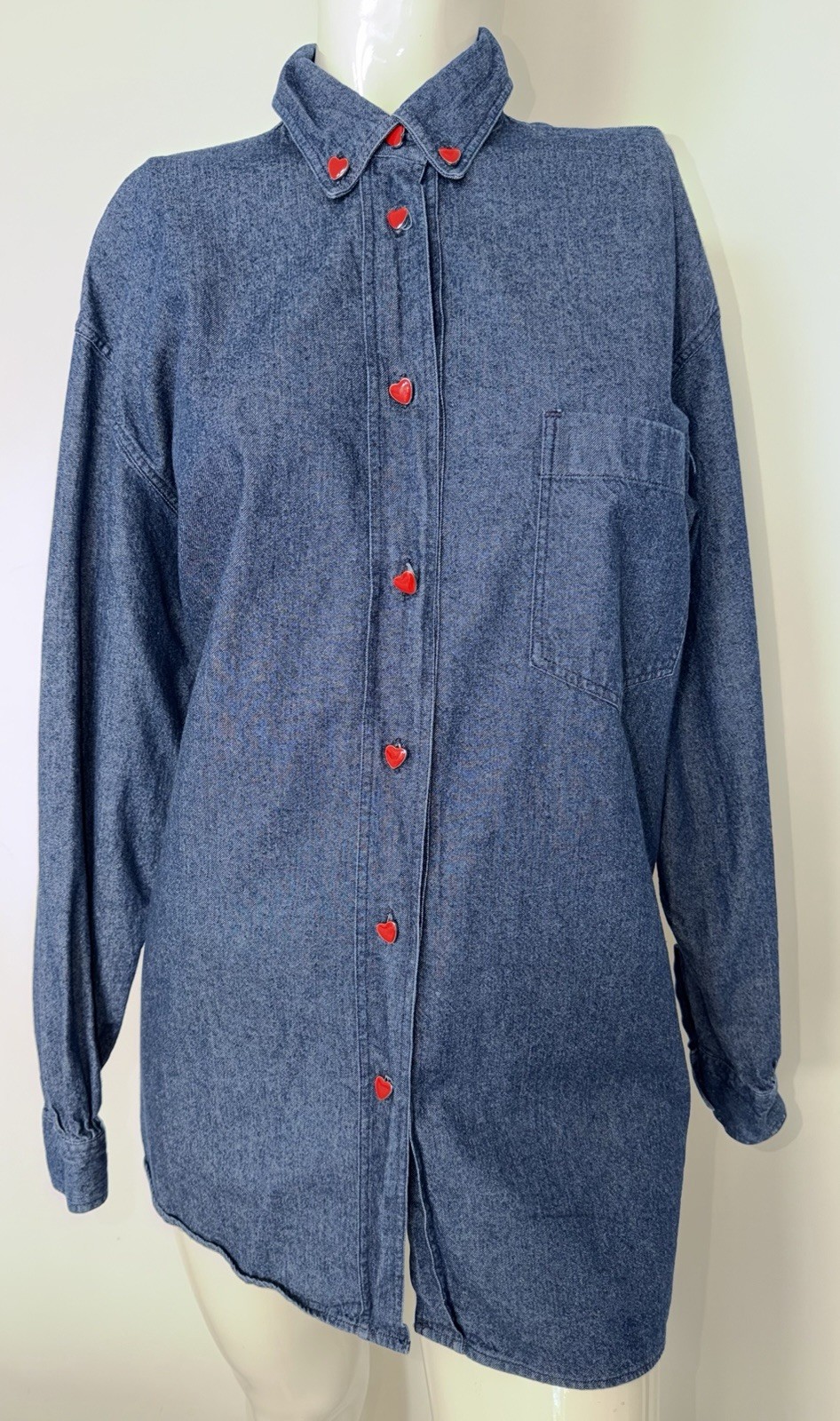 VTG 90s Franco Moschino Jeans Iconic Backwards Heart Peace Signs Denim Shirt MED