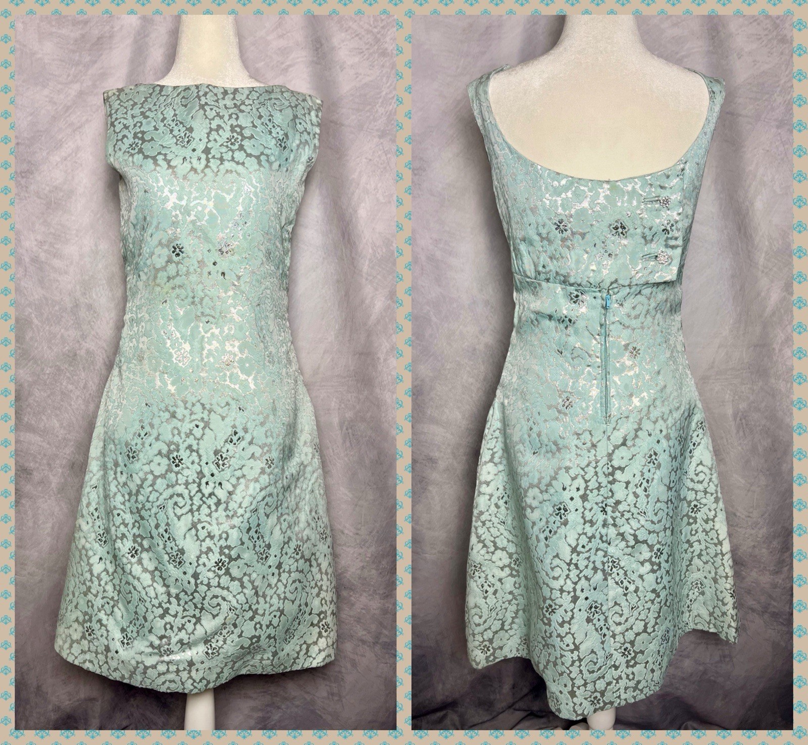 Vintage 1960s Malcolm Starr Cocktail Shift Dress Aqua Silver Floral Metallic S