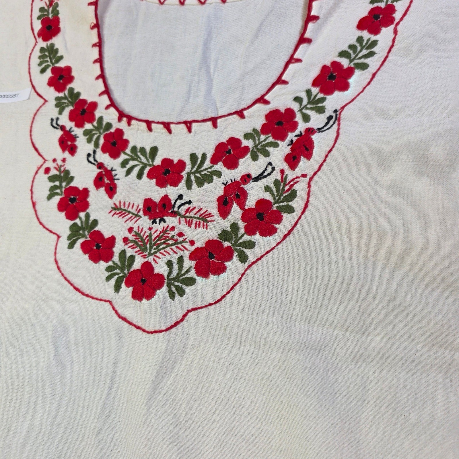 Vintage Mexican Hand Embroidered Floral Huipil Top Boho Distressed Off White Red