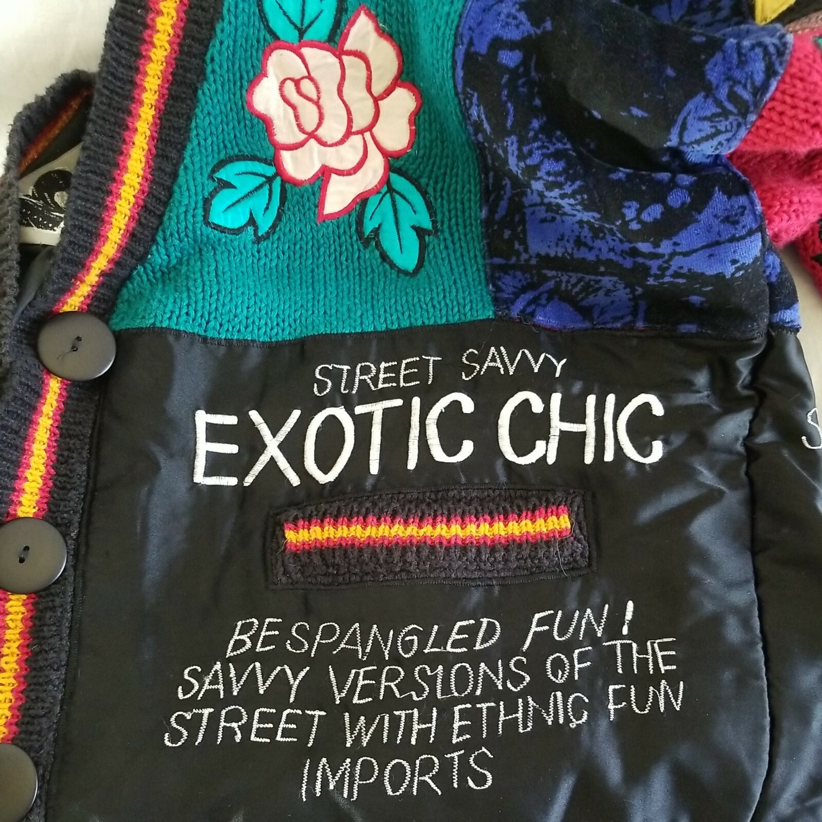 No! Jean Sweater 1990 CRAFTCORE PopArt Ethnic Street Patchwork Embroidered Knit