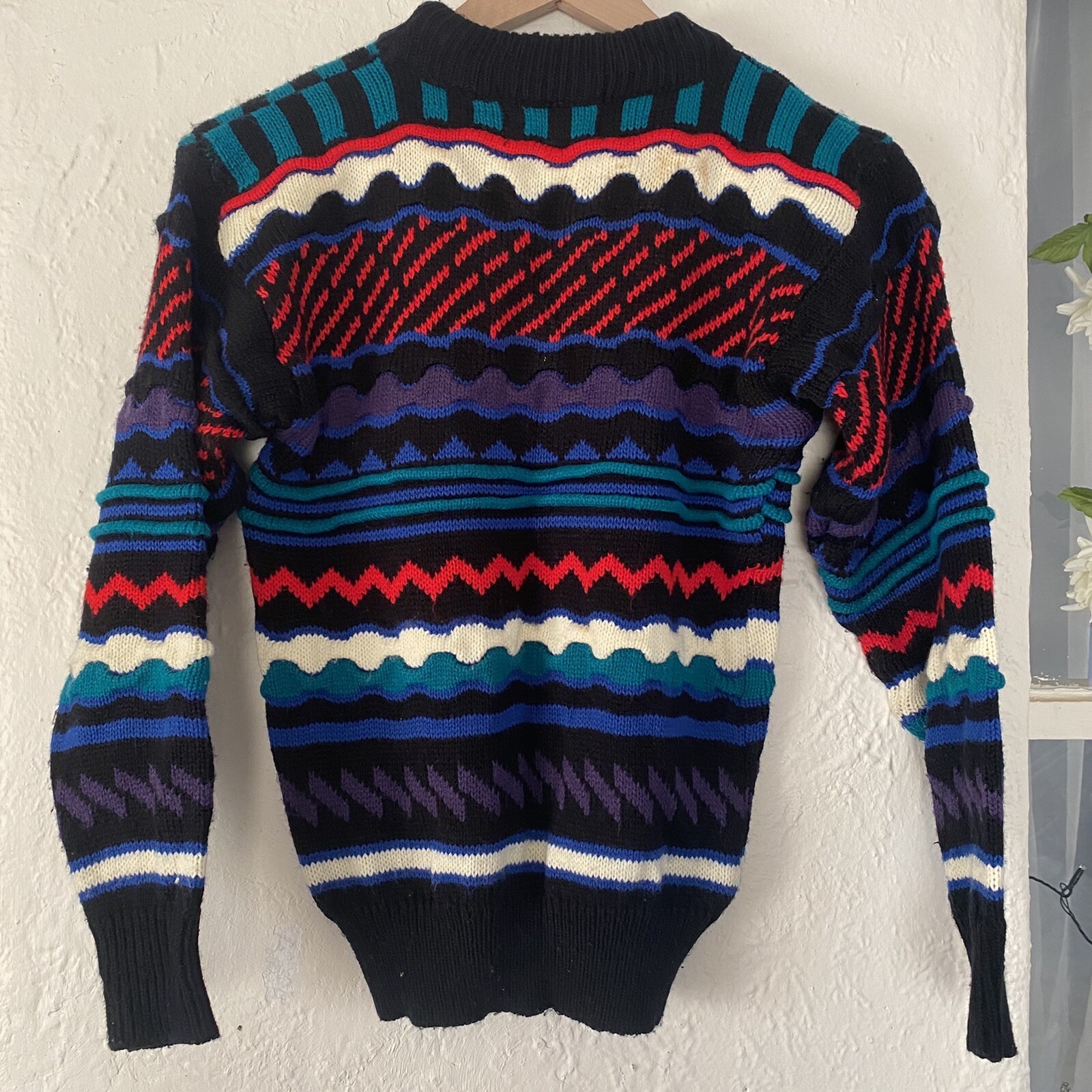 Vtg 80s 90s Bolt Sweater Colorful Chunky Knit Geometric Stripes Juniors Sz XS