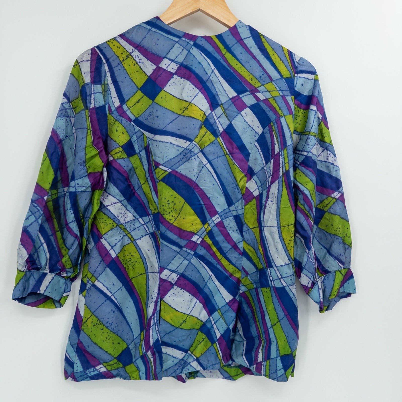 Vintage Colorful 70s Top Womens Large Blue Purple Mod Asymmetrical Dopamine