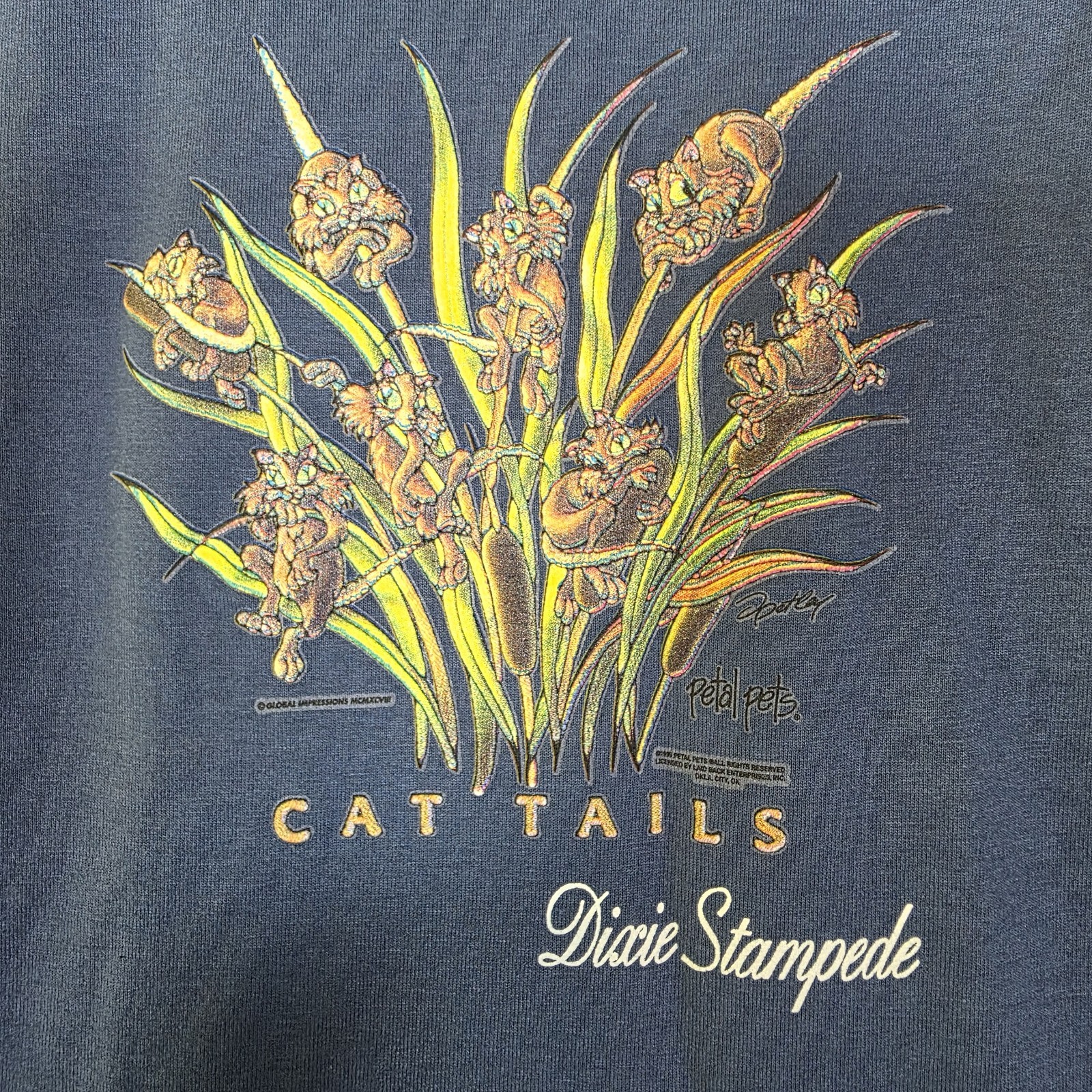 Vtg 1998 Dolly Parton Dixie Stampede Youth L T-Shirt Cat Tails Petal Pets Blue