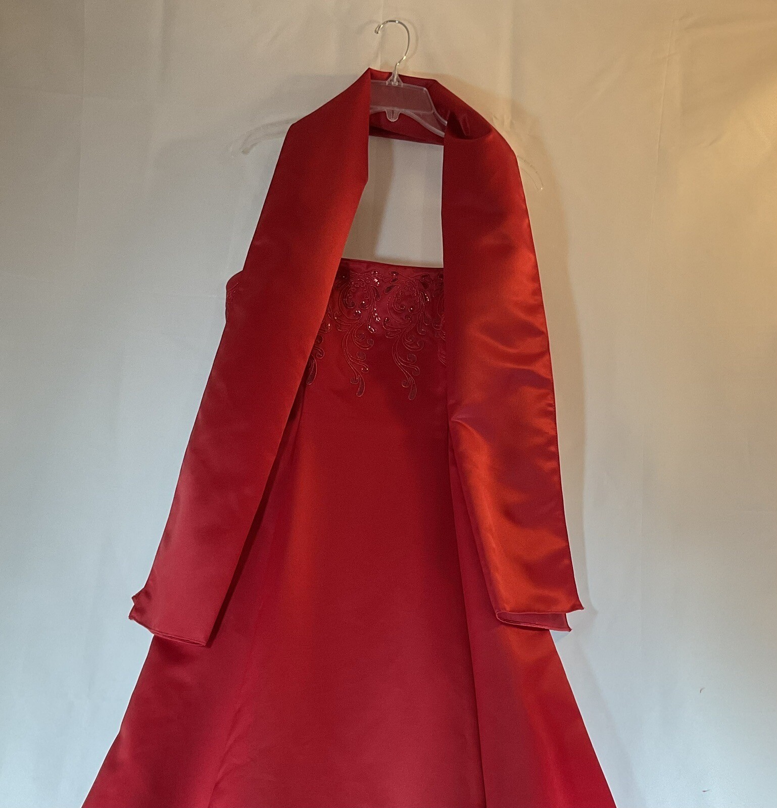 Vintage Let’s Fashion Embroidered Red Prom Formal Dress Gown Size Lg w/ Wrap USA