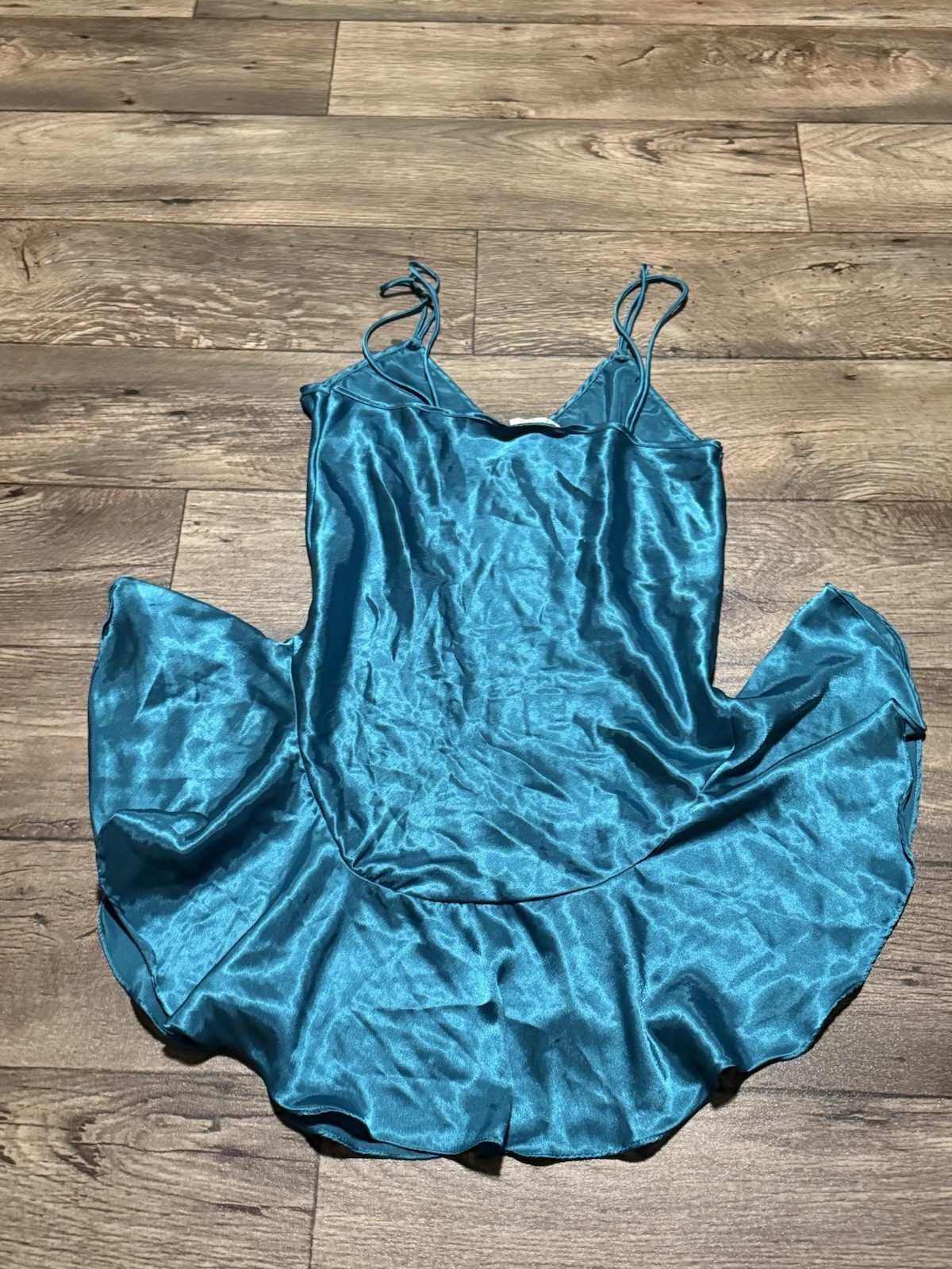 Vintage Cinema Etoile 80s Teal Satin Ruffle Babydoll Slip Lingerie Dress Medium