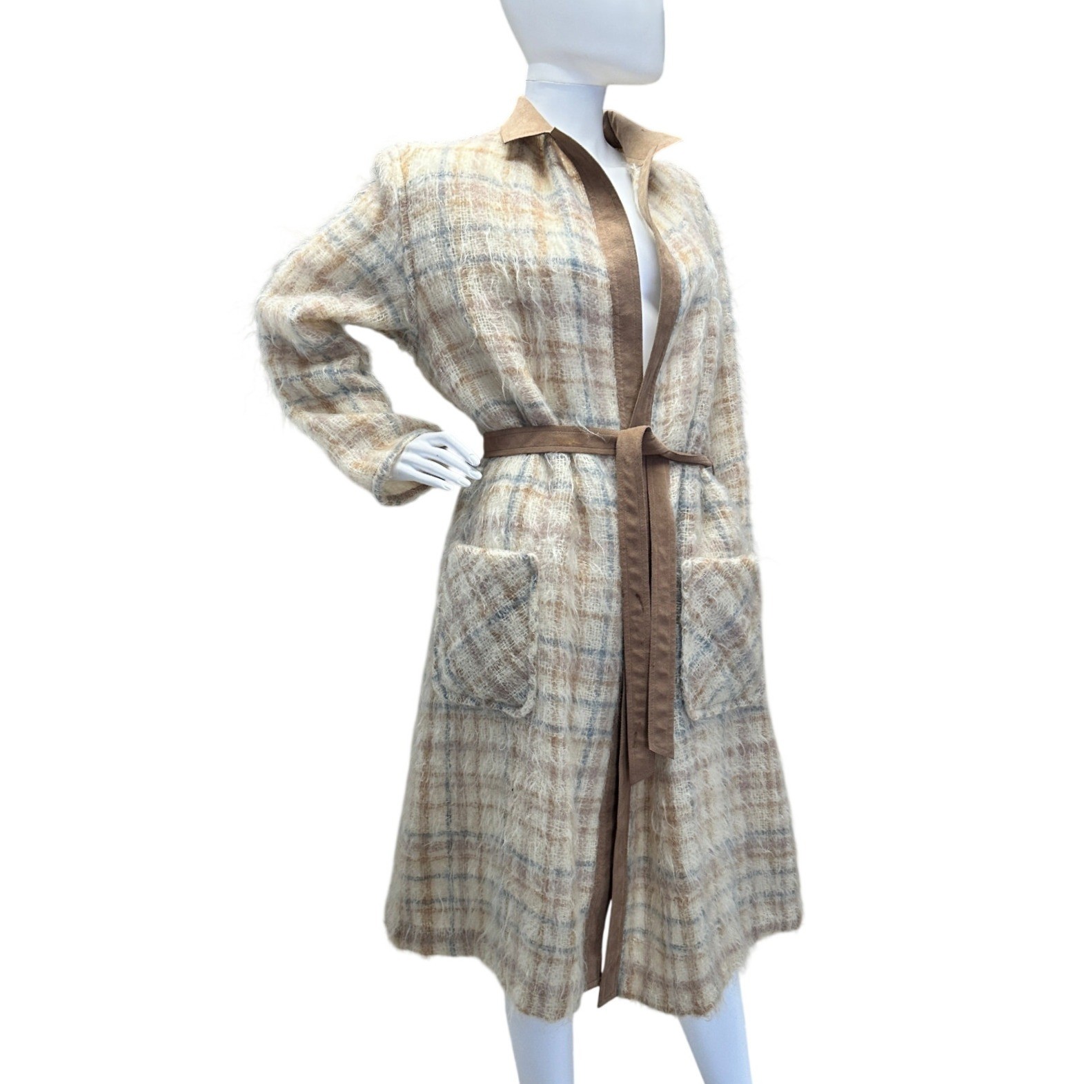 1960s Gino Rossi Mohair LIghtweight Plaid Long Cardigan Robe Jacket Coat JS