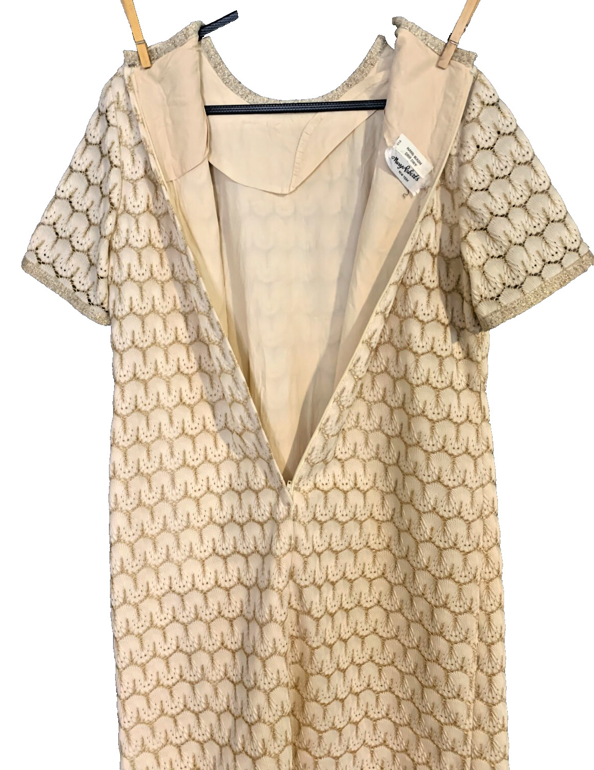 60s Vintage Mary Roberts Boxy Winter White Dress with Gold Lurex Design EUC