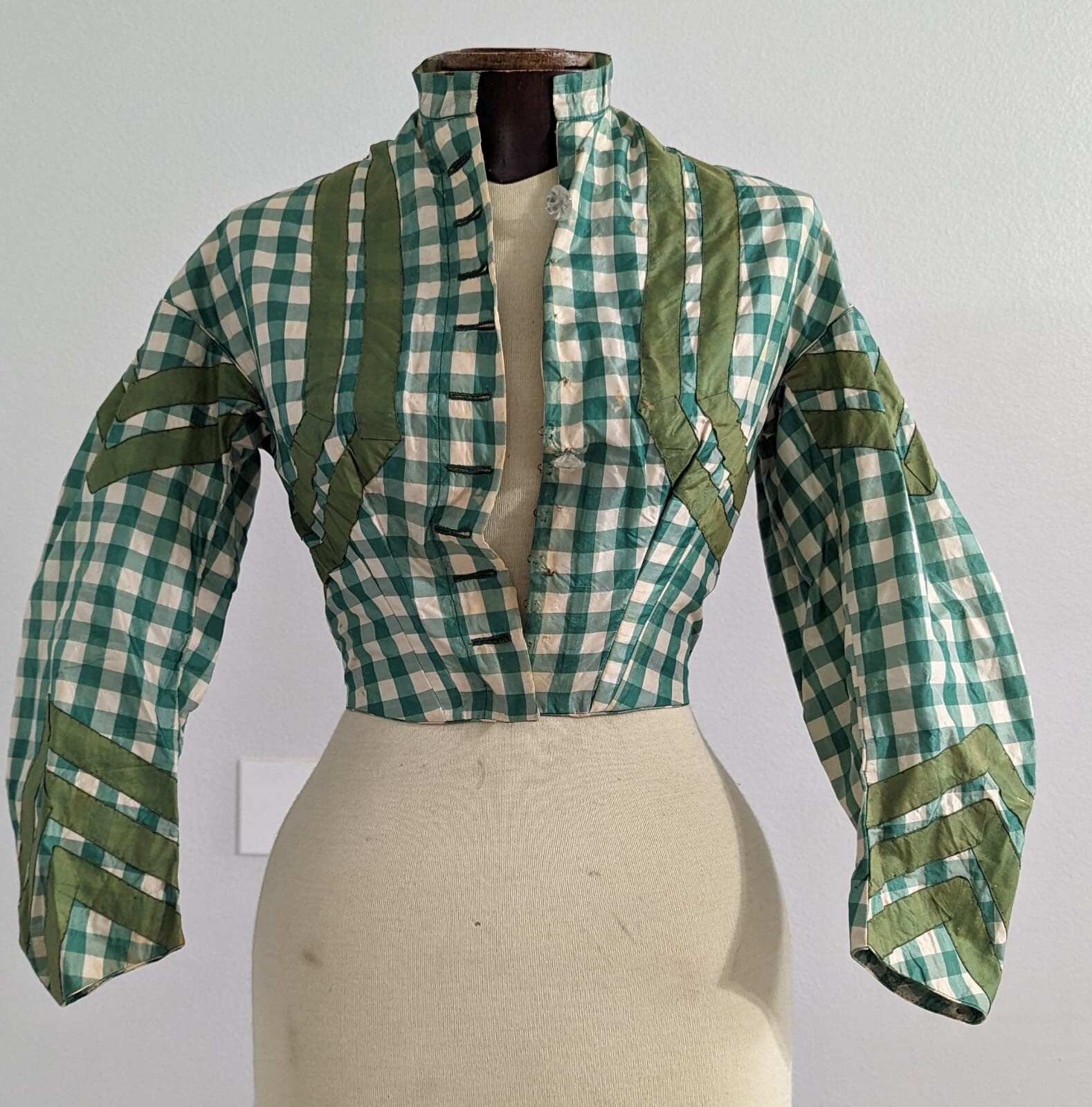 CIVIL WAR 1860’S GREEN CHECK SILK TAFFETA BODICE W/ SILK STRIPE DETAIL