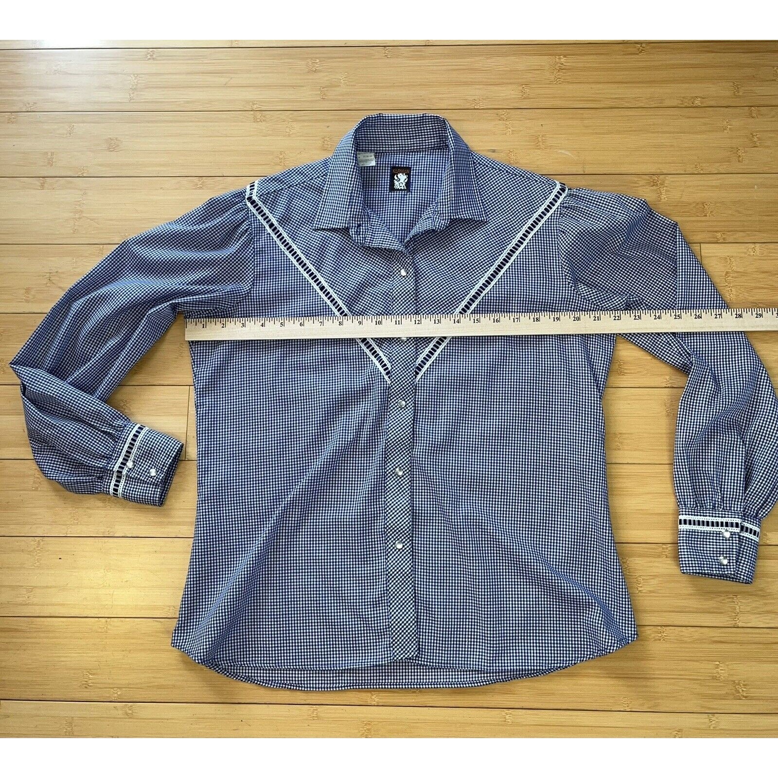 Karman Pearl Snap Buttons Ribbons Long Sleeve Blue Western Rodeo Cowgirl Sz Lrg