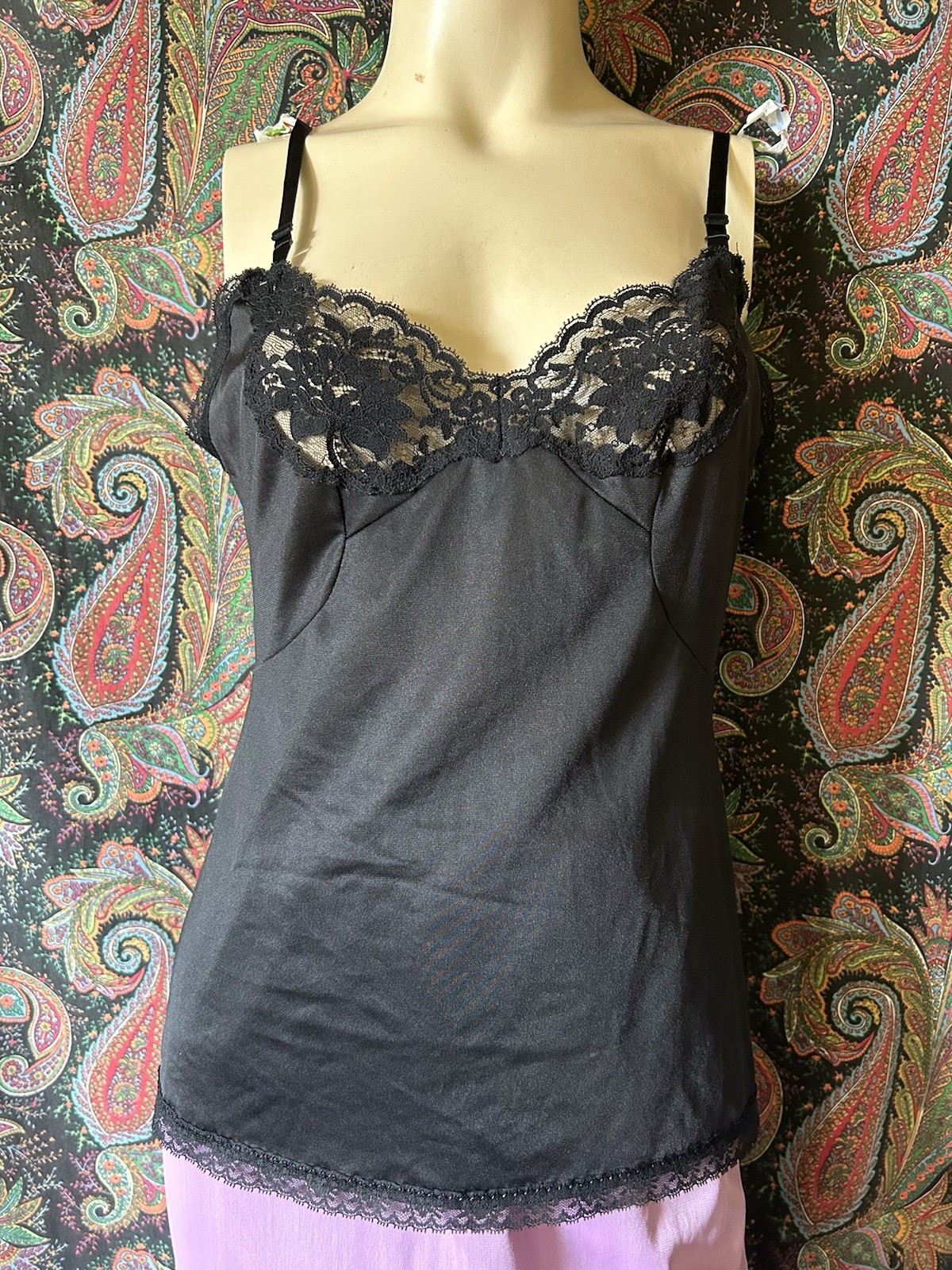 Vintage Black Nylon Tricot Lacy Camisole Top Lingerie S (34-36)