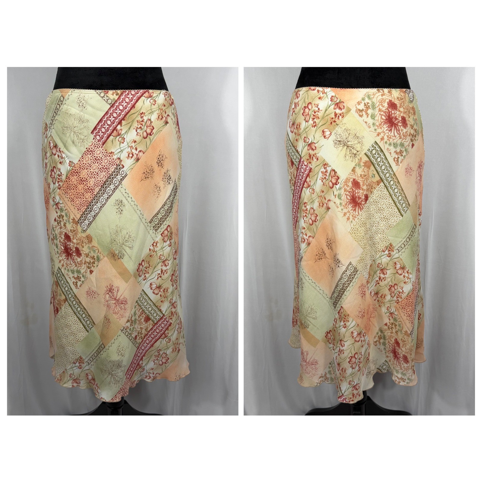 Vtg Y2K La Belle Floral Patchwork 2 Pc Set S/M Peplum Top Midi Skirt Pink Lace