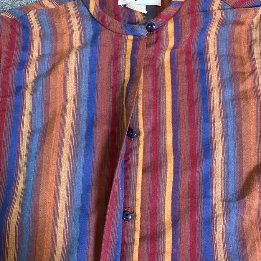 John Weitz Vintage 80s Blouse Band Collar Striped Multi-Color Long Sleeve Size 8