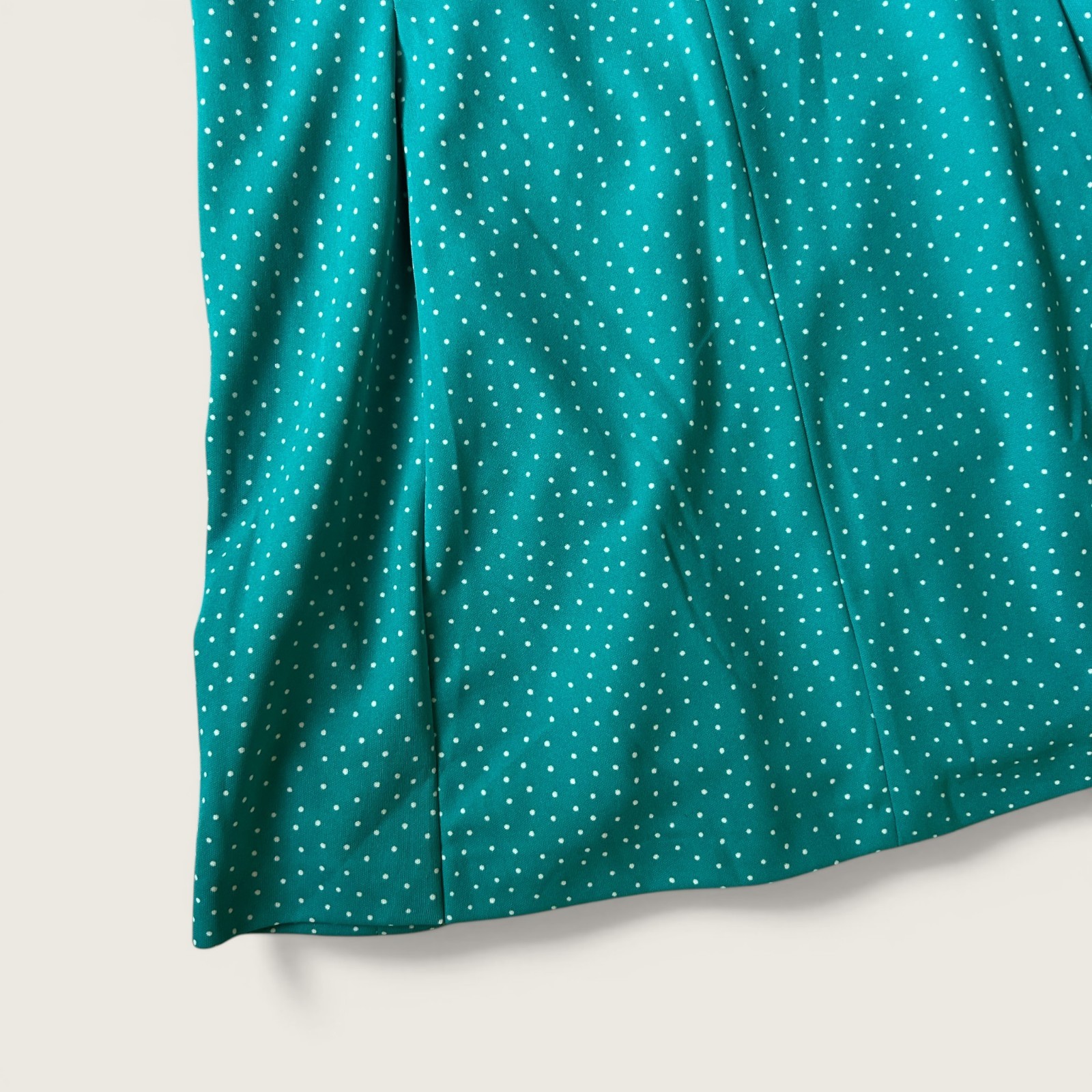 Vintage 1970s Diolen Teal Polka Dot Zip Front Dress Mod Midi Size 42