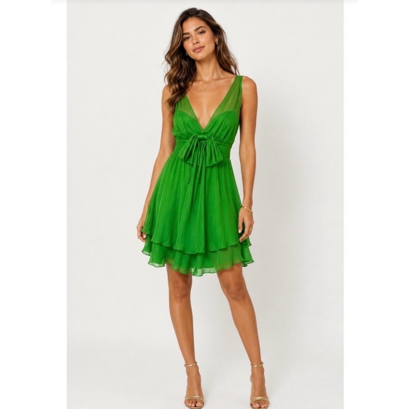 NWT Vintage Silk Betsey Johnson Green V-Neck Tie-Front Chiffon Mini Dress Size 4