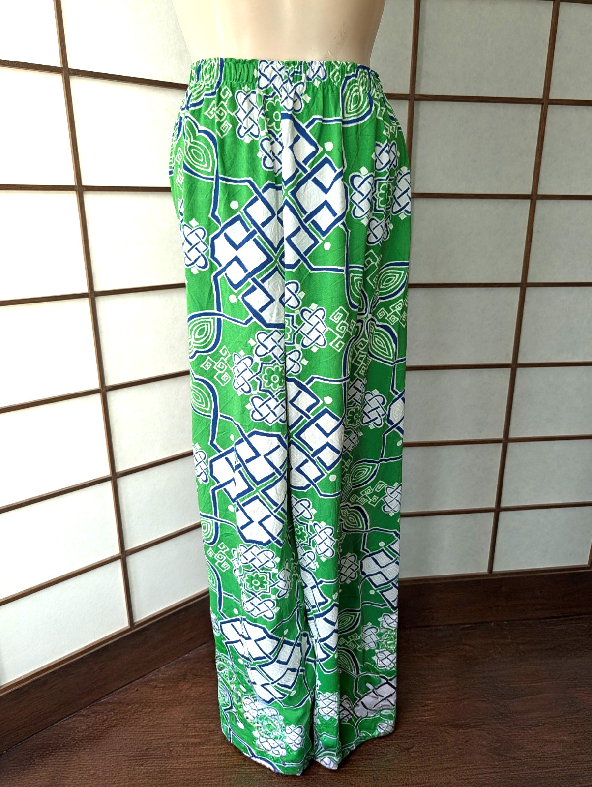 Vintage Nylon Palazzo Lounge Pajama Pants Elastic Waist Lingerie Green Blue M/L