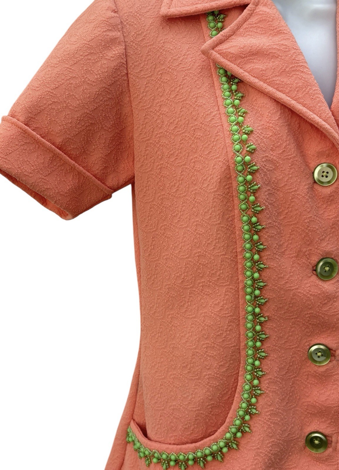 Vintage 70s Coral Beaded Jacket, Mrs Roper Style Polyester Knit Top S/M