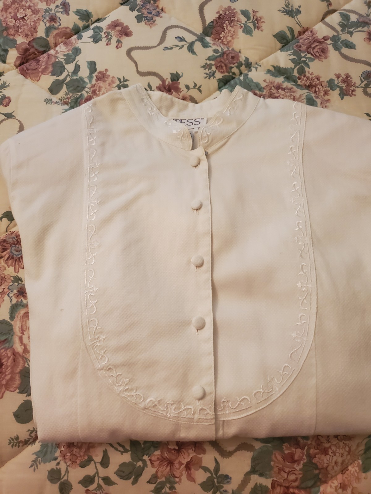 Vintage Tess White Cotton Blouse Top, Embroidered with Covered Buttons, Size 12