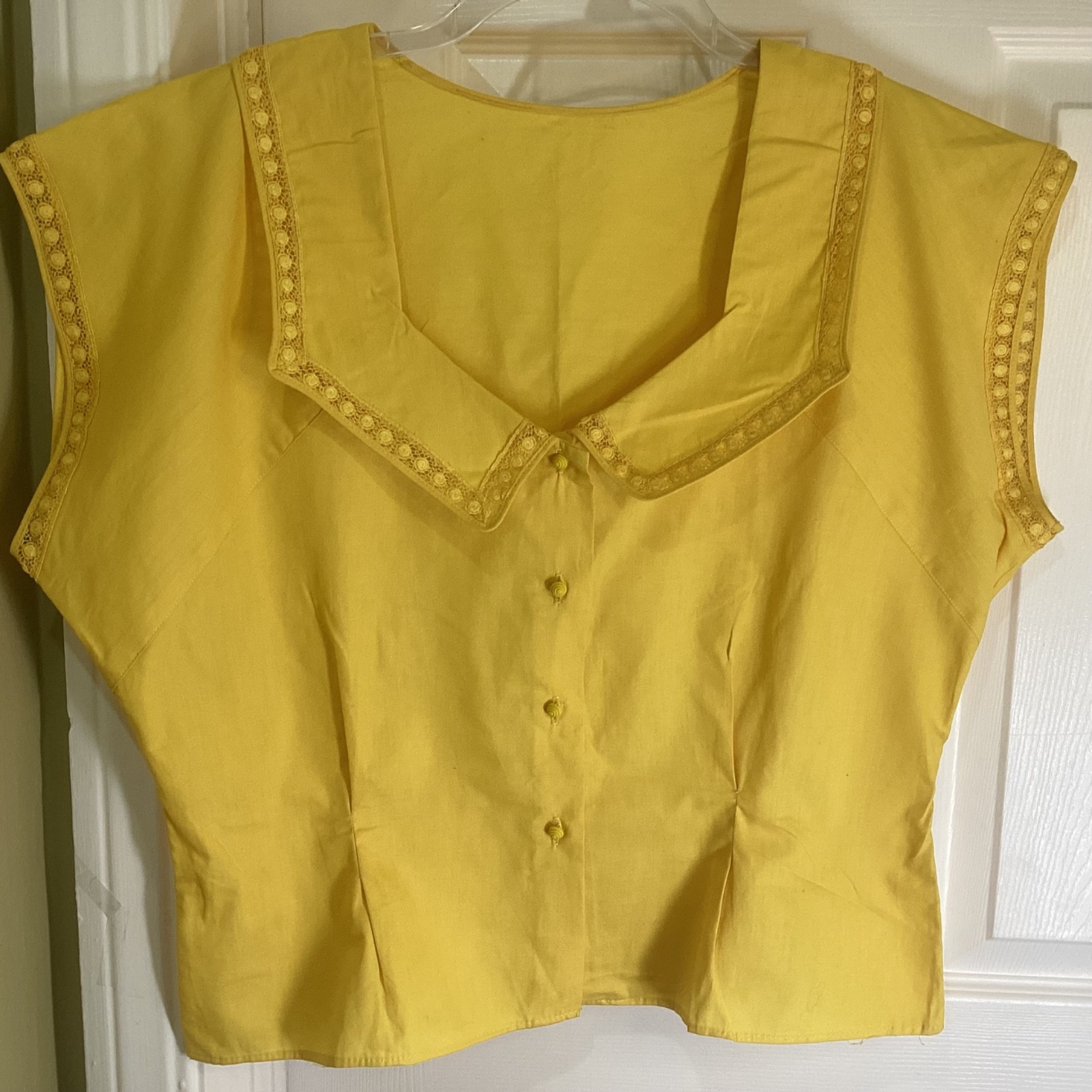 VTG 50s Cotton Button Up Blouse Lace Trim Yellow~46 in Bust~XL