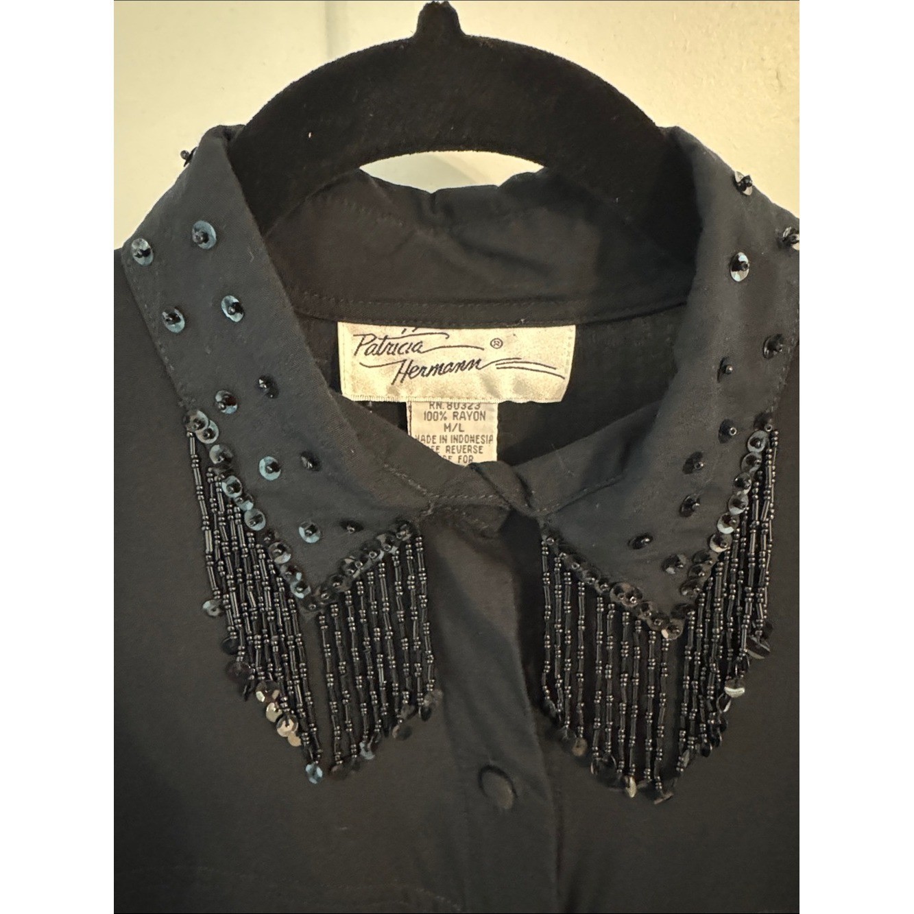 VINTAGE Patricia Hermann NYC Black Button-Down Shirt with Beaded Fringe Collar