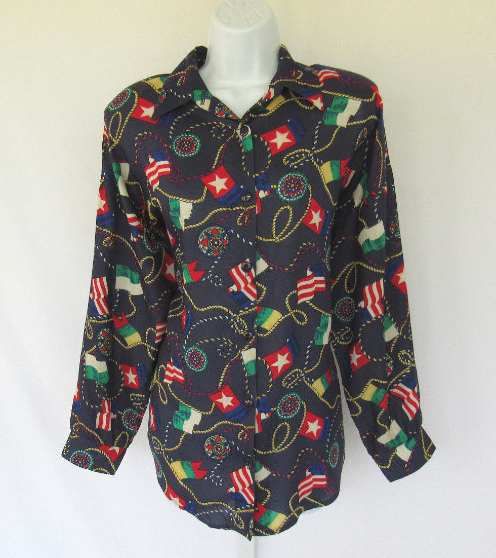 VINTAGE 1980s 90s GEMILLI BLOUSE SHIRT SIZE MEDIUM FLAGS BLUE 100% RAYON
