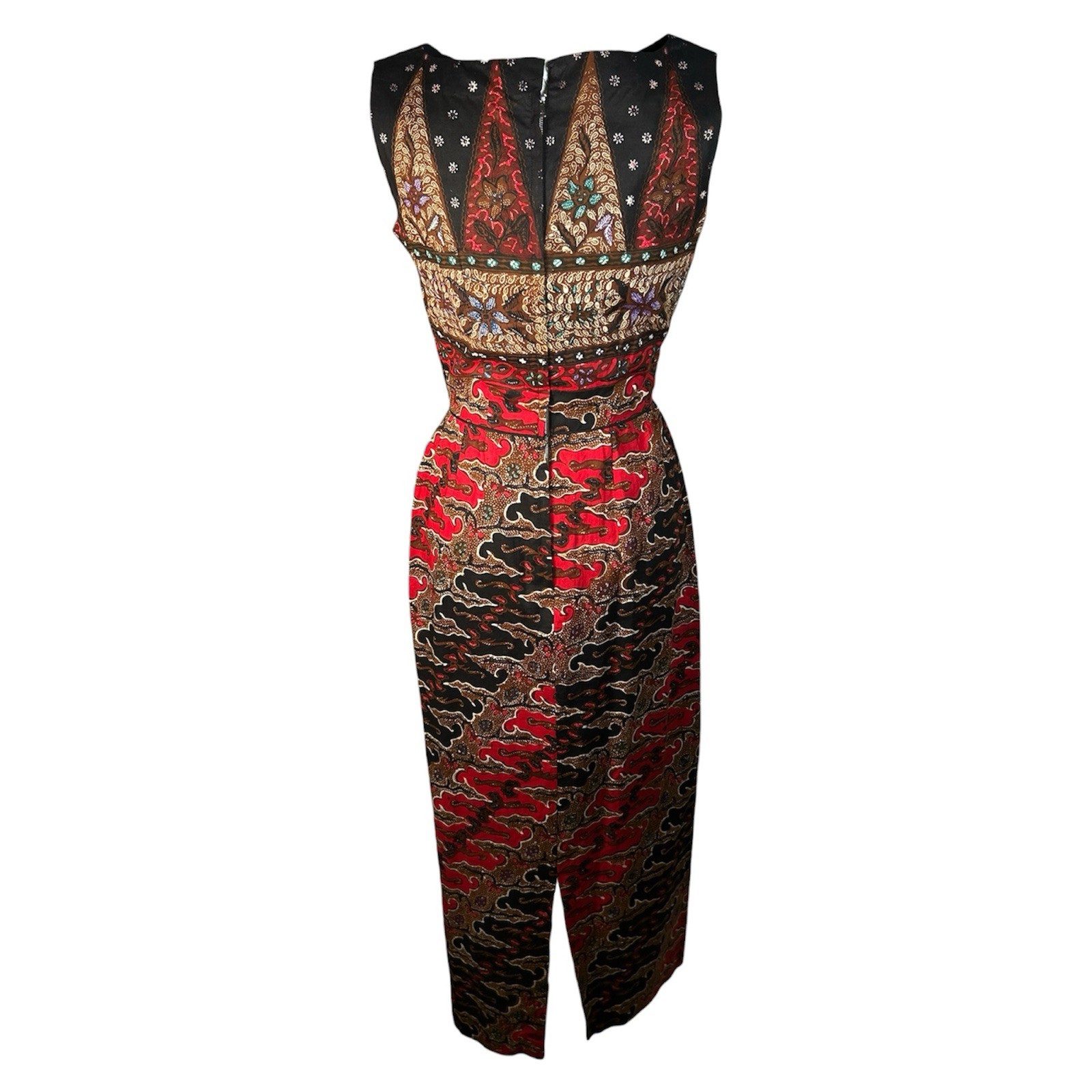 VTG 50s/60s Batik Border Print Bateau Neck Cotton Sheath Dress Womens Sz S