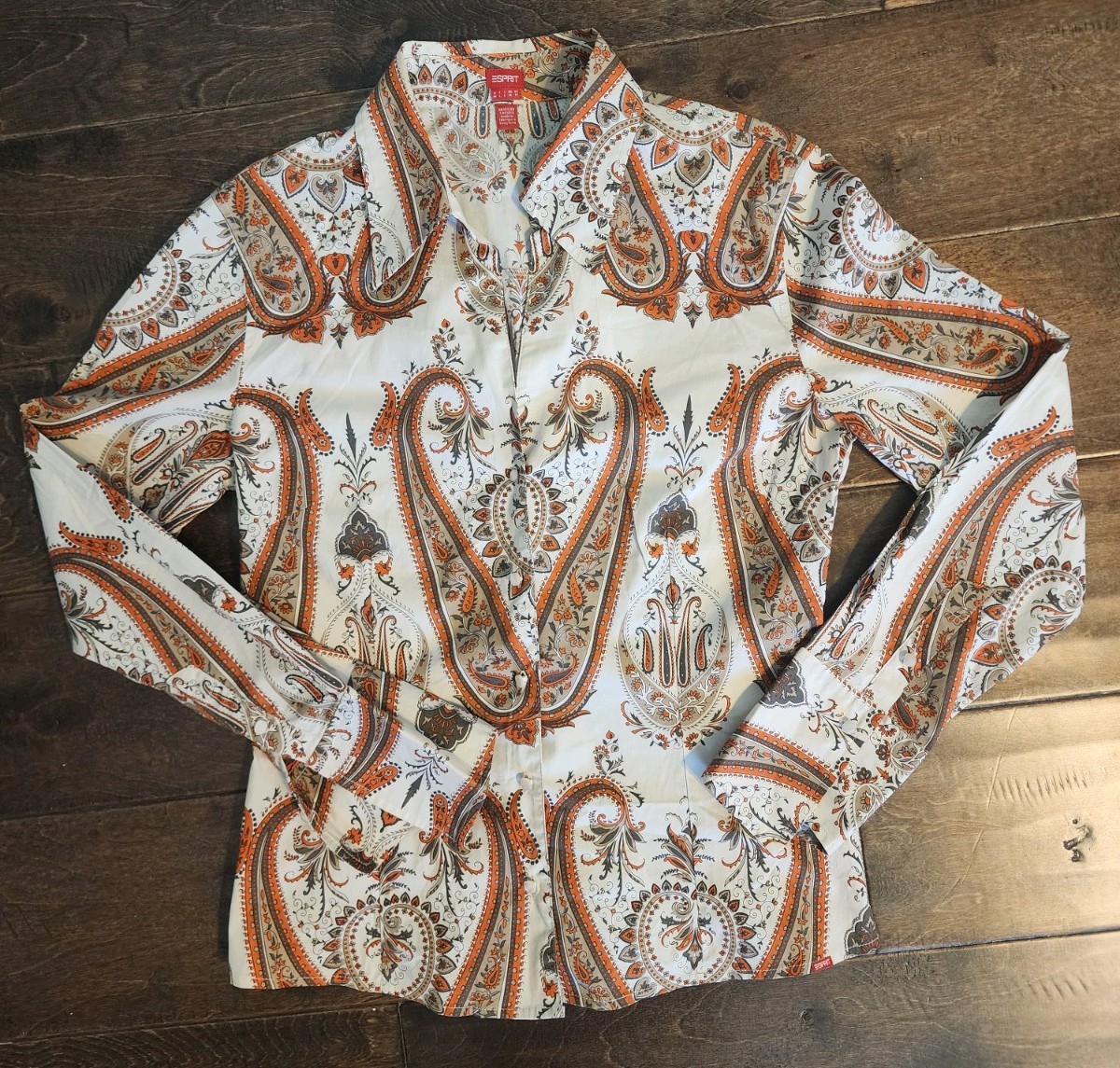 🐎Esprit VTG 90’s WOMEN’S Orange and Gray Paisley Button-Down Shirt. SZ M✨️ Y2K