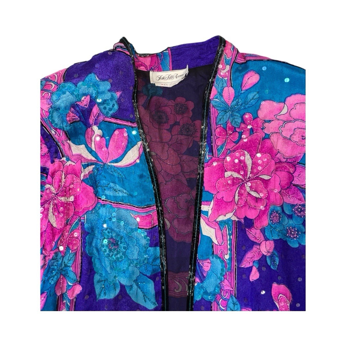 VTG JUDITH ANN CREATIONS SAKS FIFTH AVE SILK SEQUIN BEAD KIMONO JACKET NEW WAVE