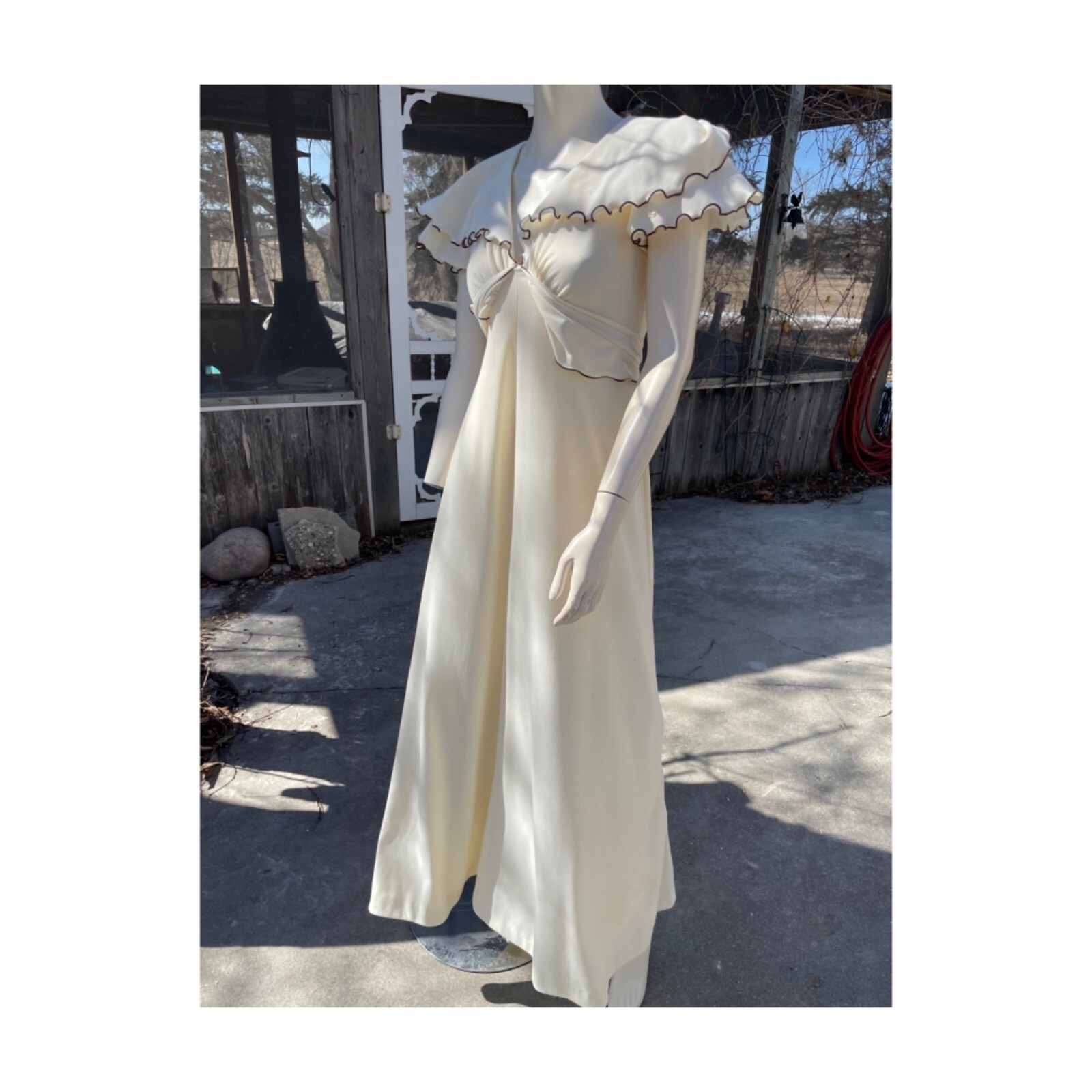 70s Ivory Maxi Dress Brown Ruffle Trim V Neck Cap Sleeve Wide Collar Wide Sash