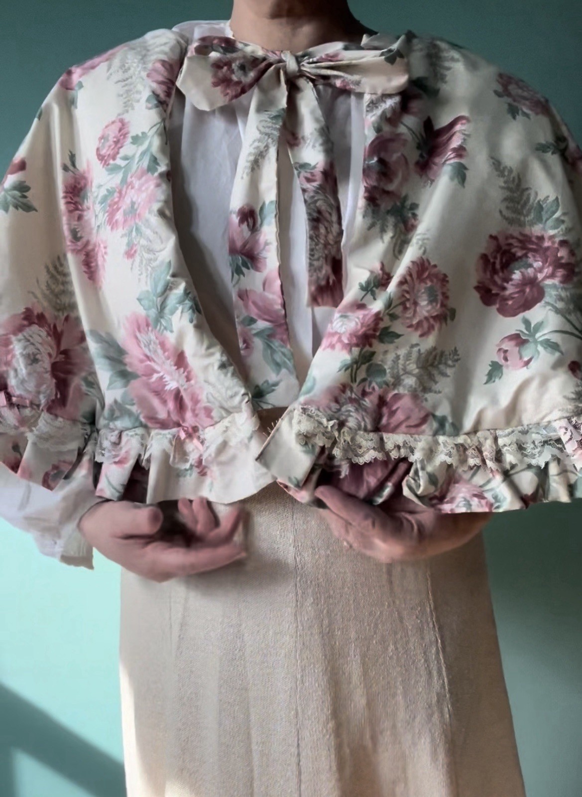Cottagecore quilted Lace Floral Cape/caplet/shawl