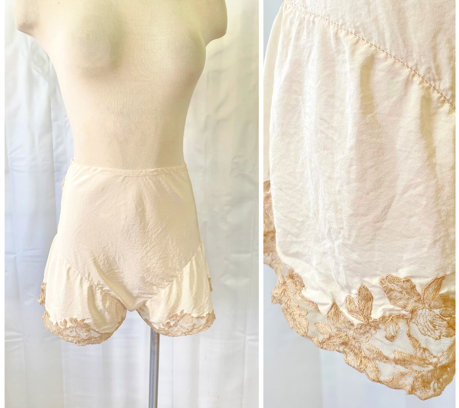 Vintage French 1920s 1930s Tap Pants Silk Beige Point d’Alencon Lace 27 28 Waist