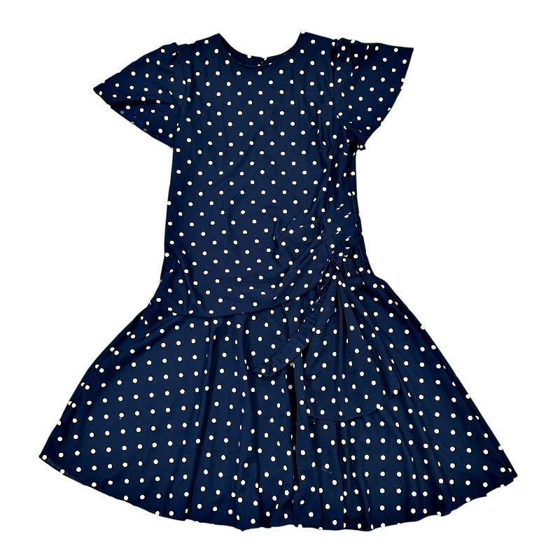 Vintage 80s 90s Polka Dot Dress 16 Navy Fit Flare Low Waist USA Retro Feminine