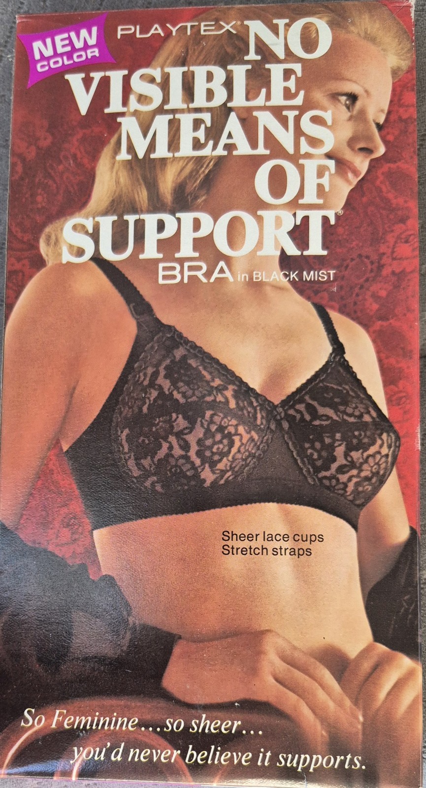 1972 PLAYTEX NO VISIBLE MEANS OF SUPPORT BRA 1148 BLACK MIST 36B New In Box