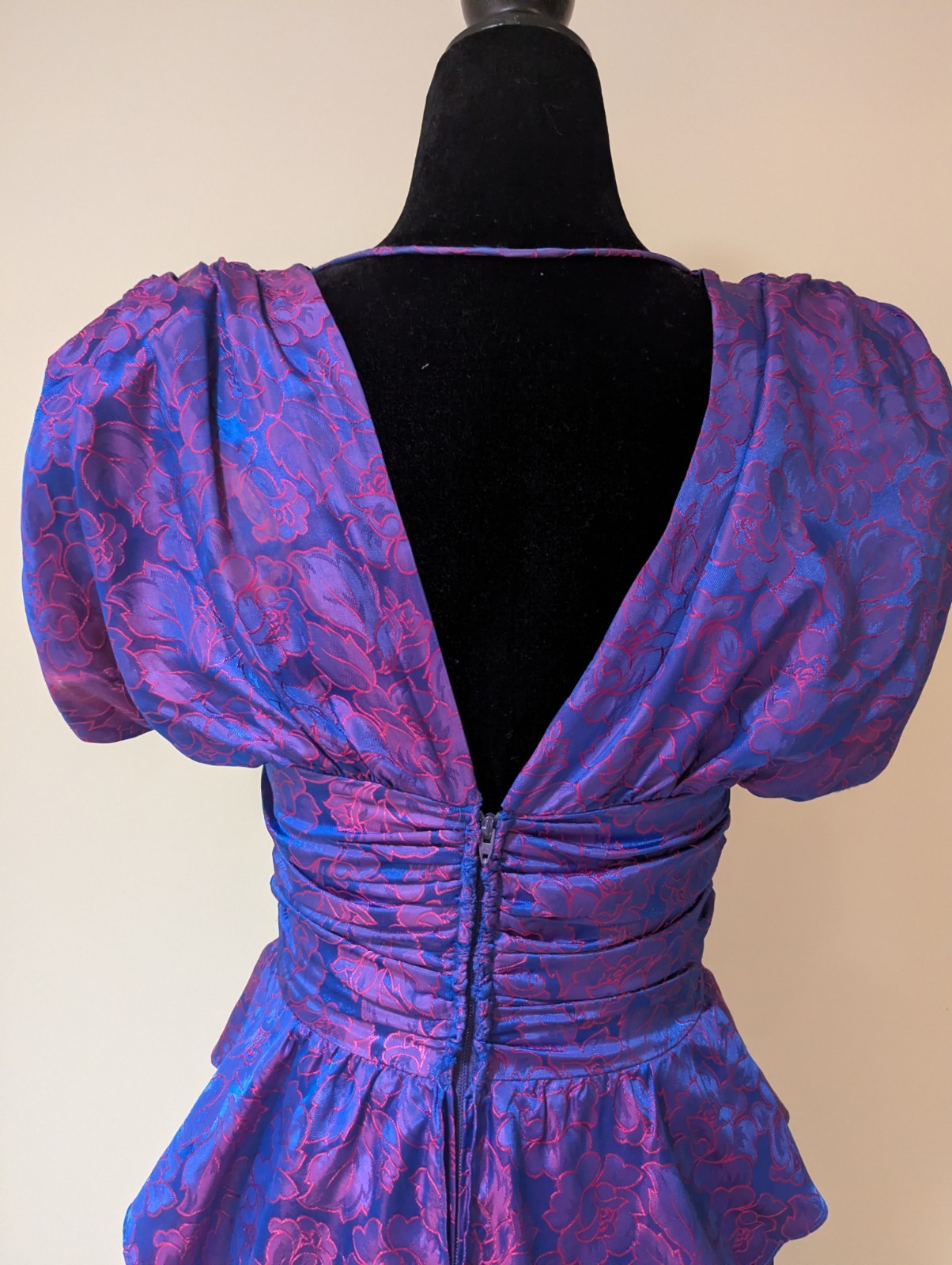 Vintage 1980s 1990s Steppin Out Pink Purple Blue Floral Brocade Dress XS Peplum