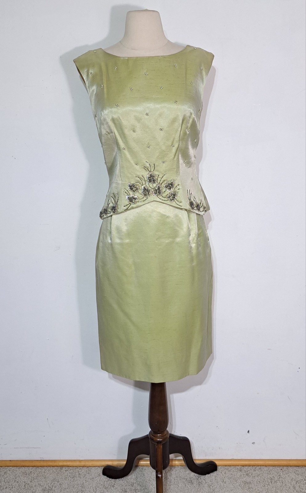 Vintage 1950s 1960s Elinor Gay 2-Piece Cocktail Dress Beaded Satin Sz XS
