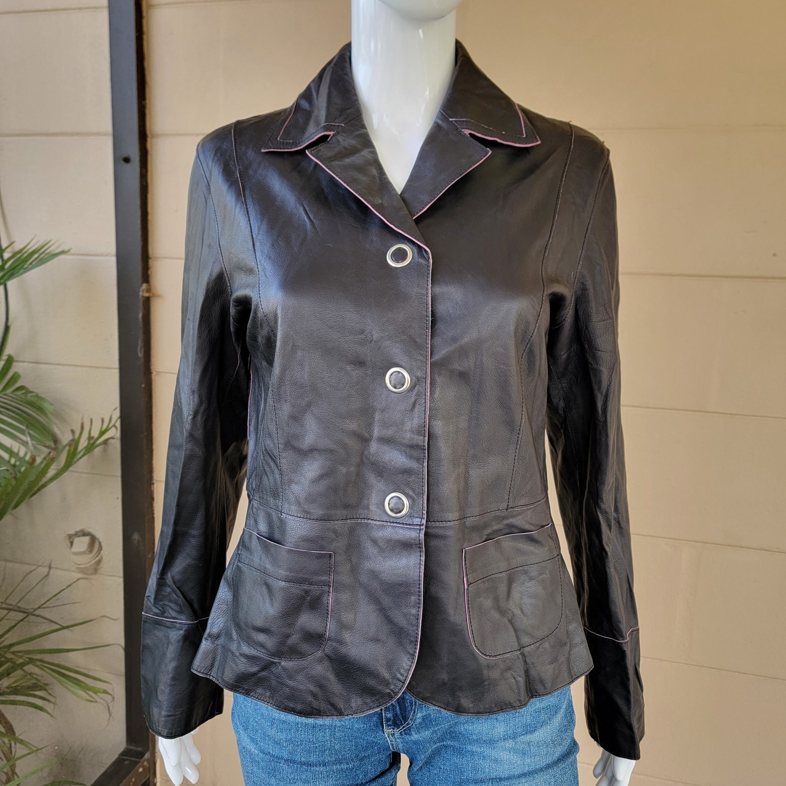 VTG 90s Jax Black Lambskin Leather Blazer Soft Tailored Short Jacket Womens S/M