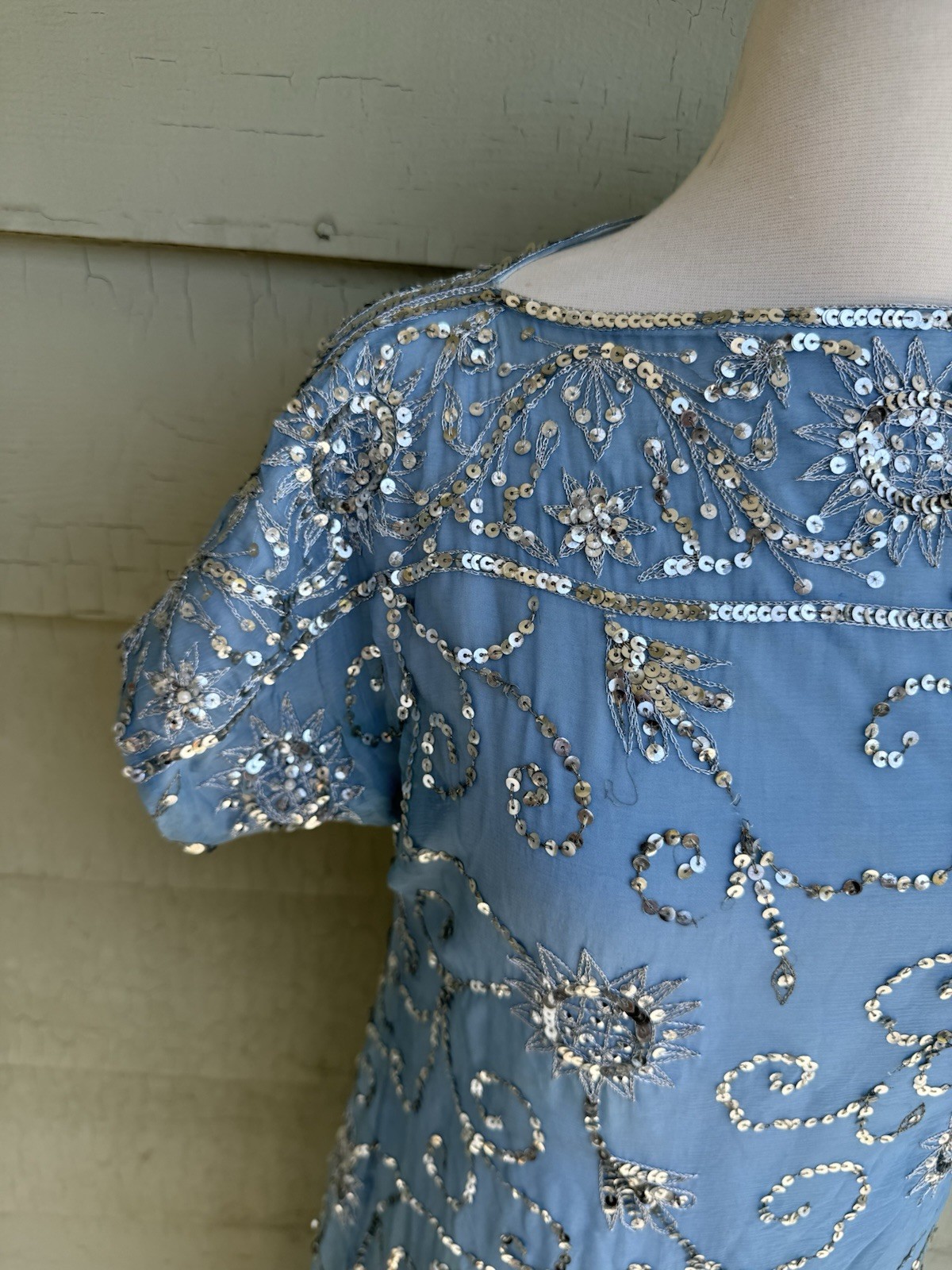 Vtg 60’s Profils Du Monde Beverly Hills Baby Blue Gown Silver Sequins Silk S