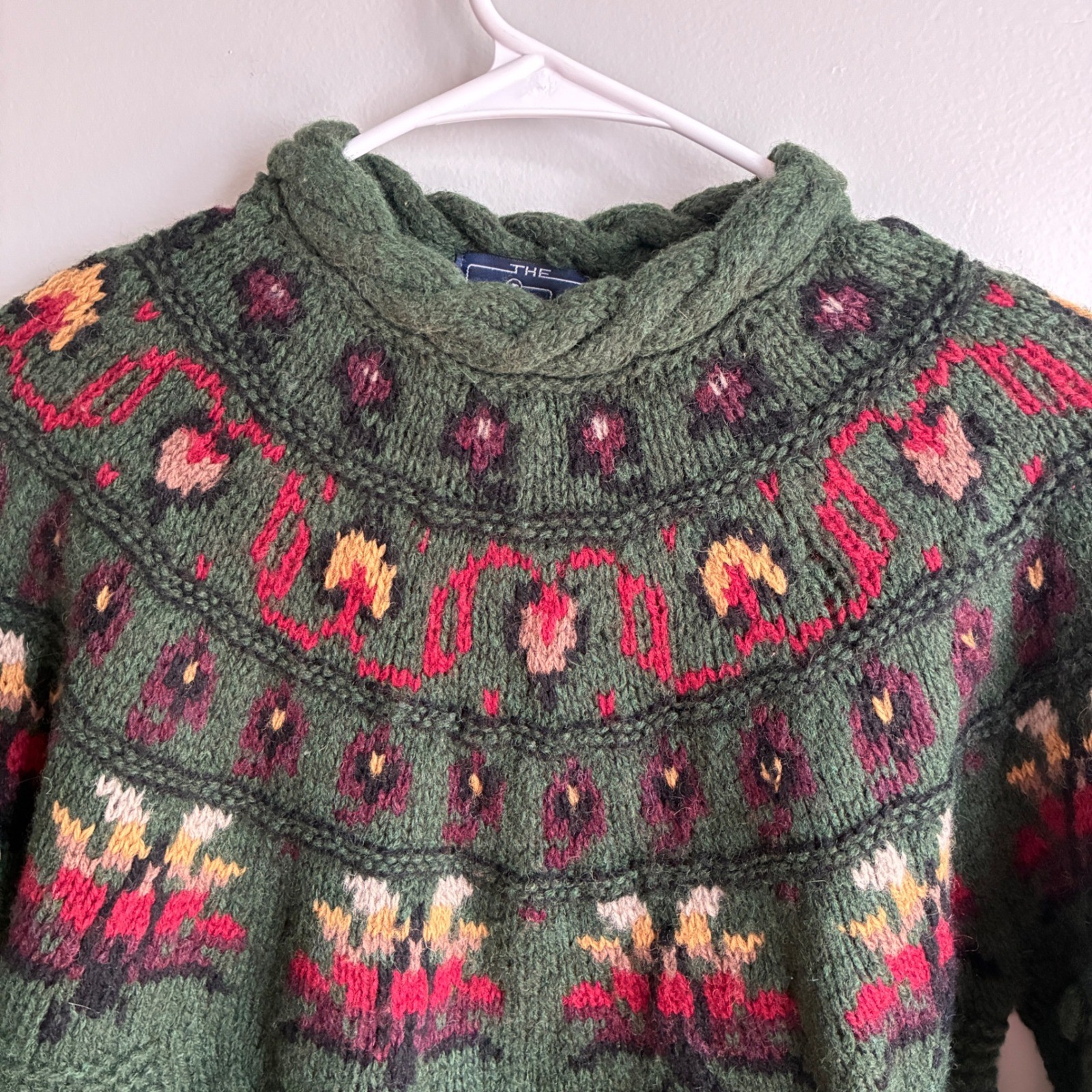 Woolrich Sweater Women Medium Green Vintage Wool Fair Isle Bobble Cable Knit