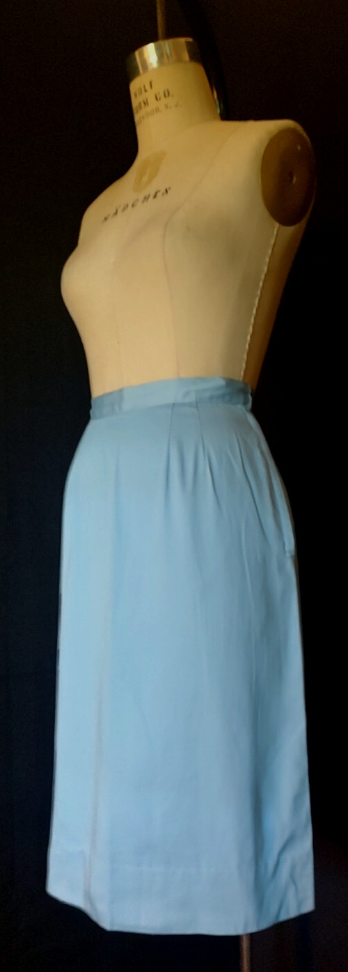 Vtg 1960’s WOMEN’s, PENCIL SKIRT, fine POLISHED Cotton Twill, SKY BLUE