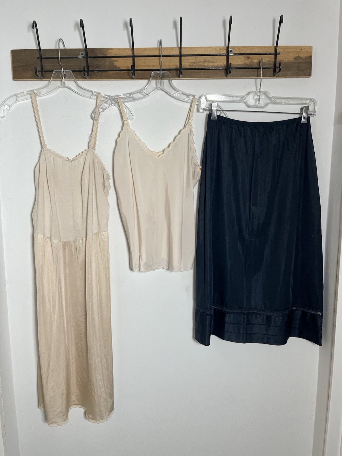 VTG Cotton & Satin Pink Camisole Top & Long Tiered Slip & Long Navy Satin Skirt