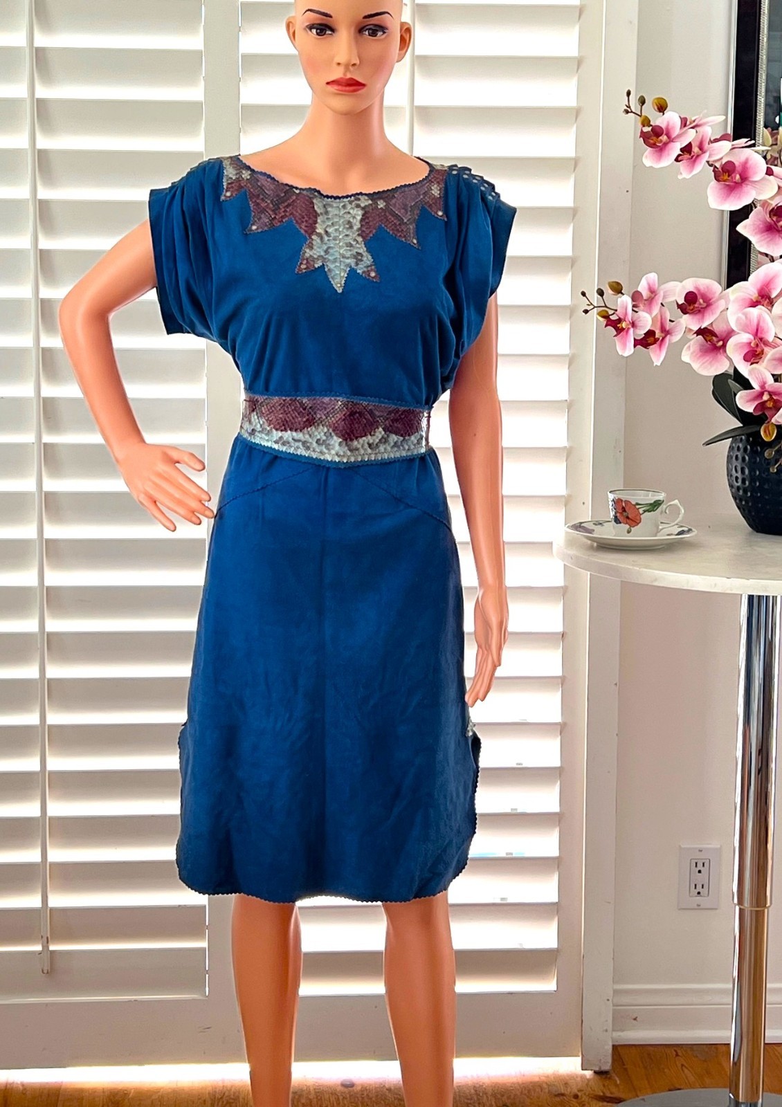 North Beach Leather 80’s vintag blue suede dress w/python trim & belt, size S